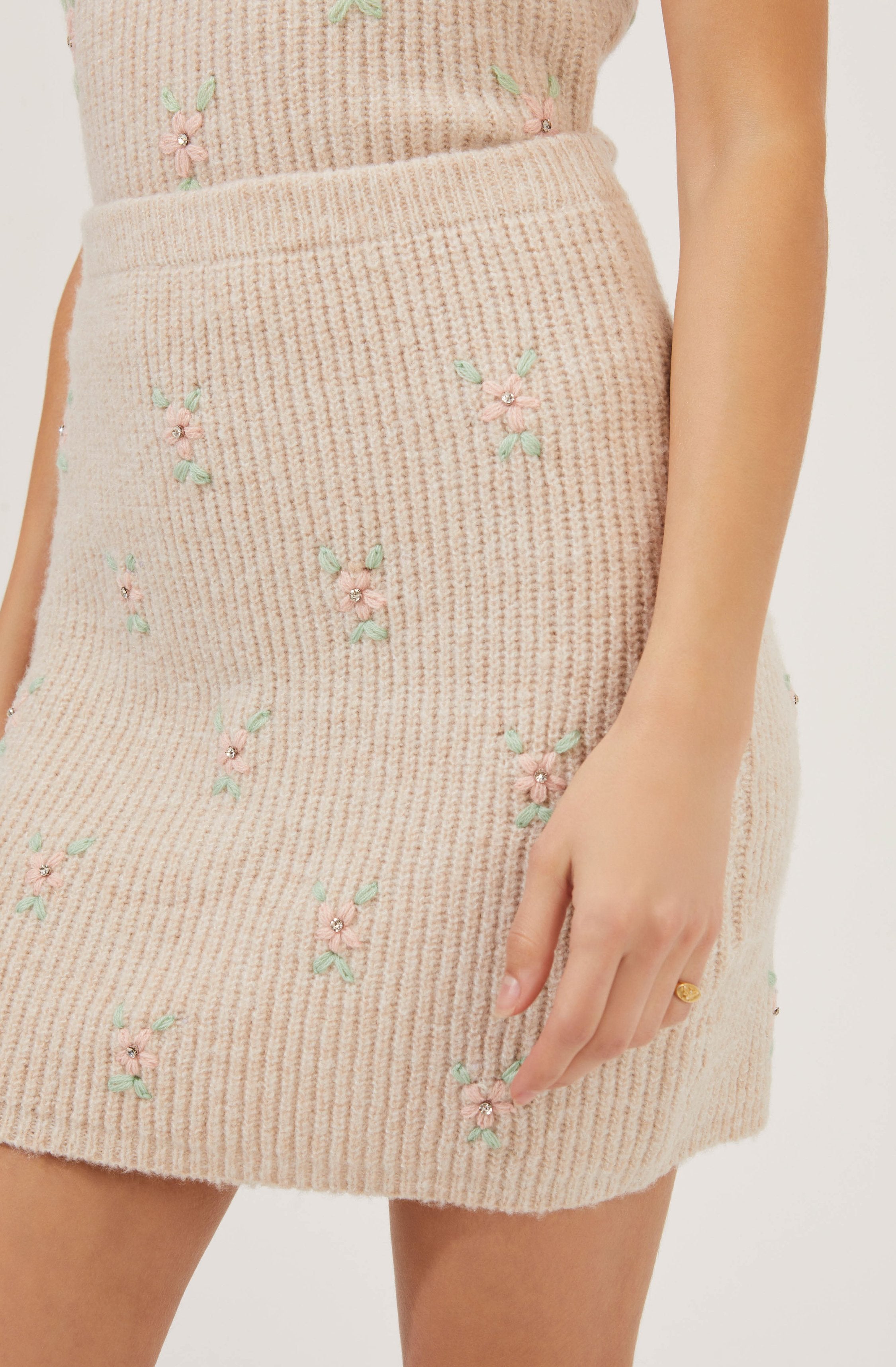 Tea Party Floral Embroidered Knit Mini Skirt-Aljck