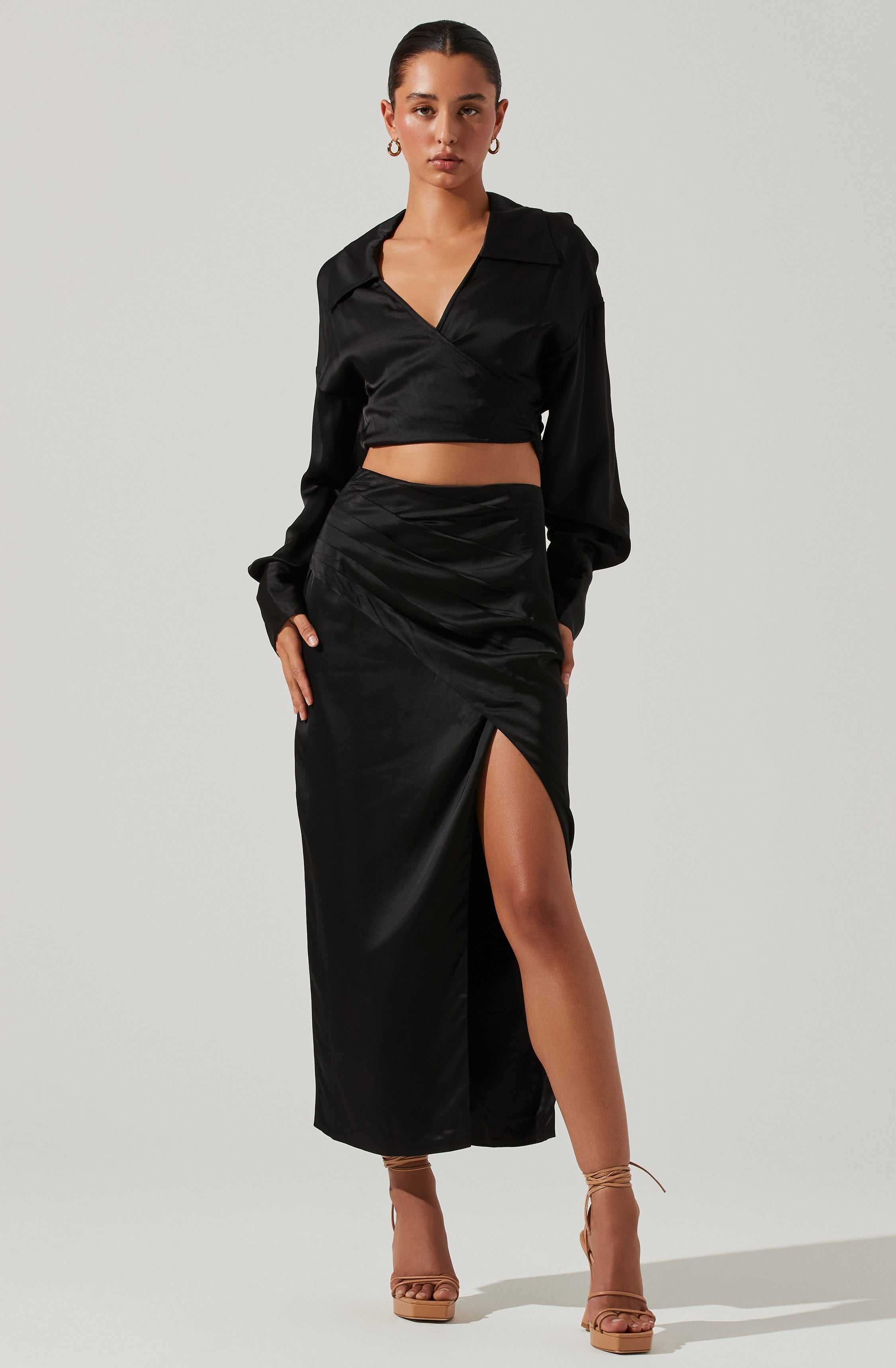 Loretta Satin Wrap Front Midi Skirt-Aljck