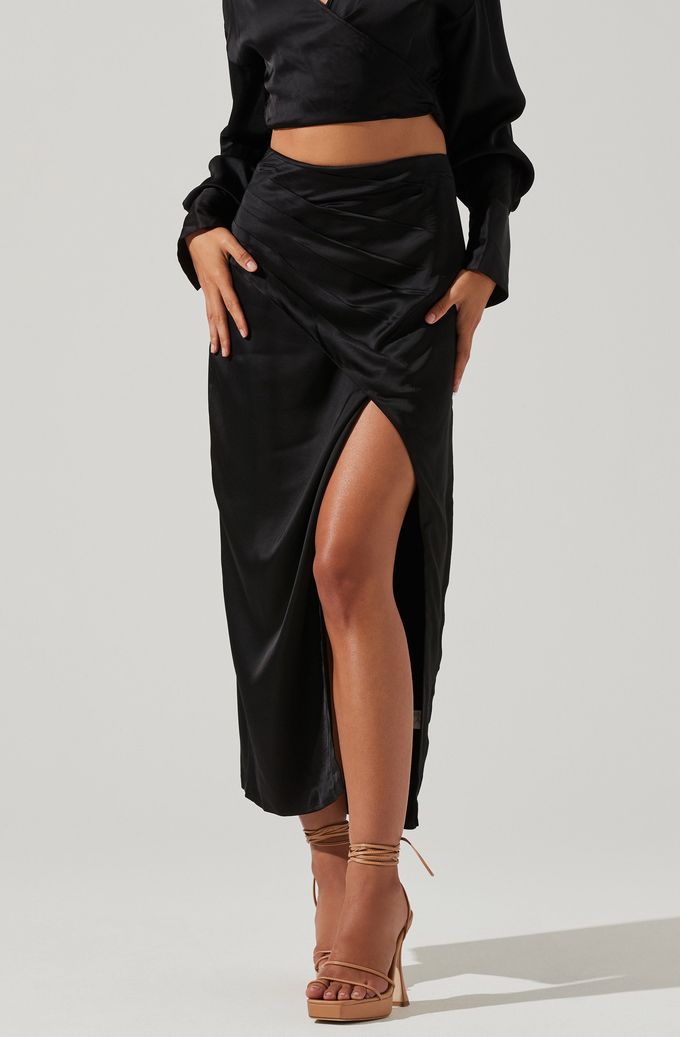 Loretta Satin Wrap Front Midi Skirt-Aljck