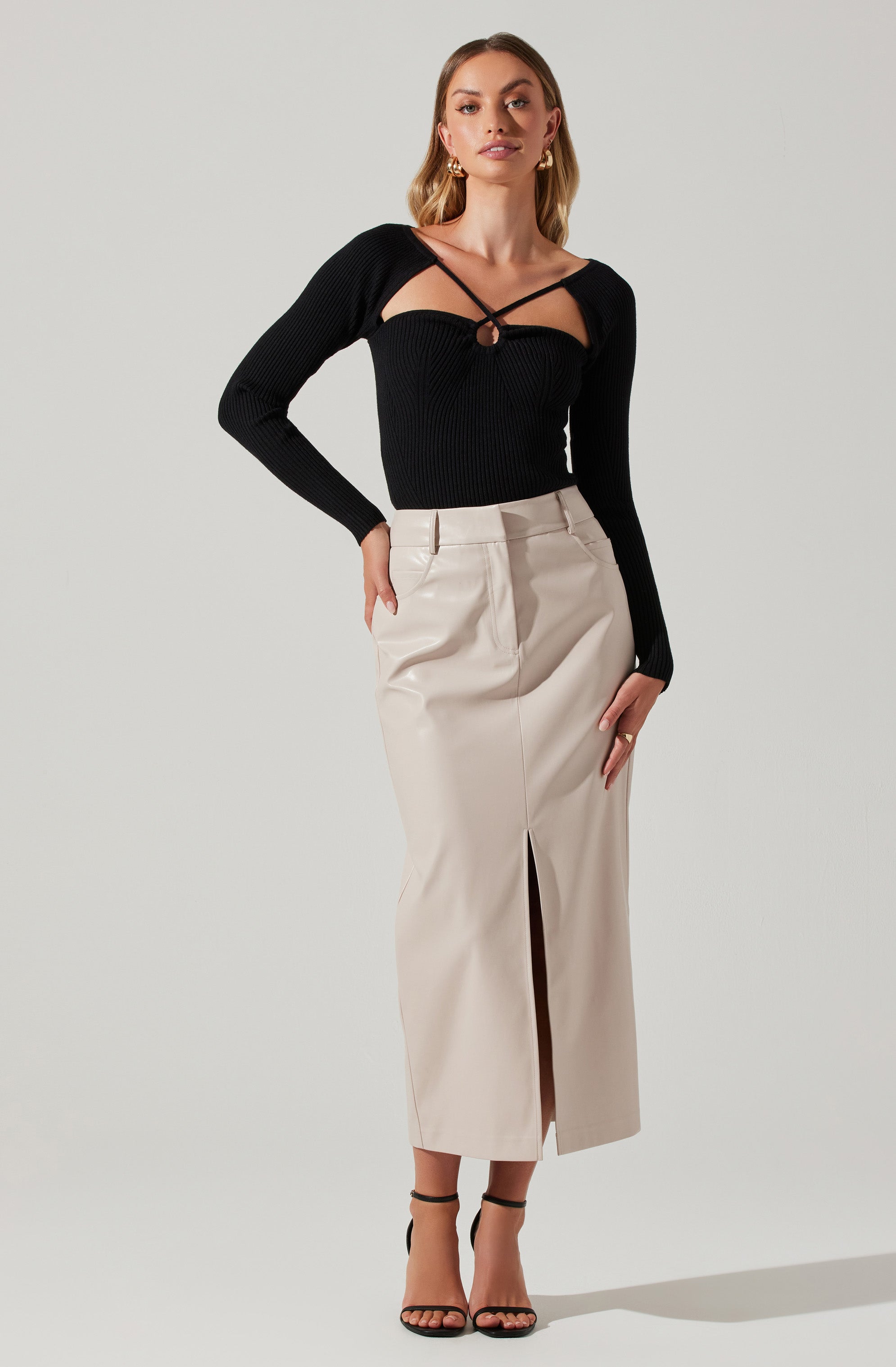 Karolyna Faux Leather Midi Skirt-Aljck