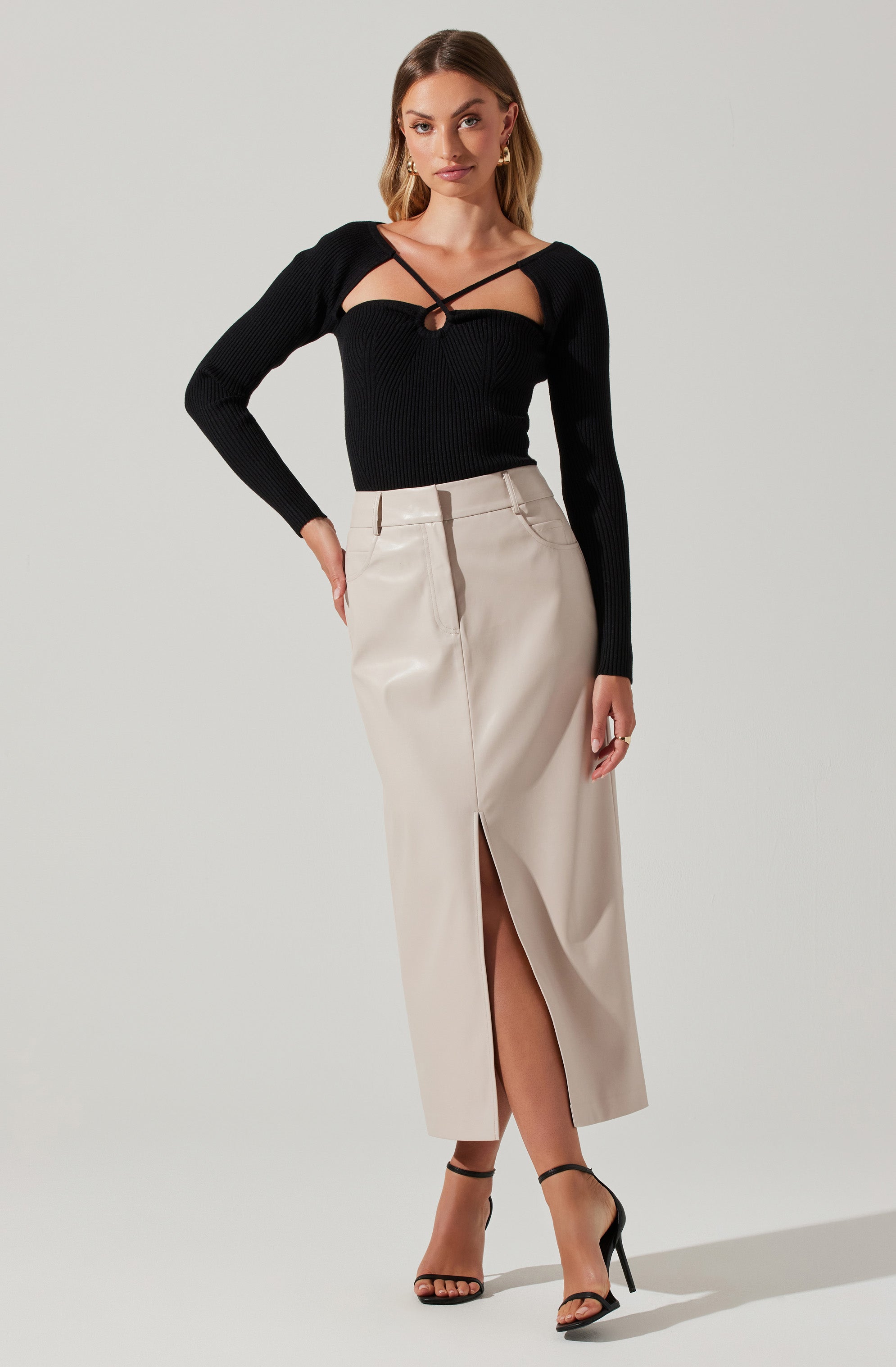 Karolyna Faux Leather Midi Skirt-Aljck