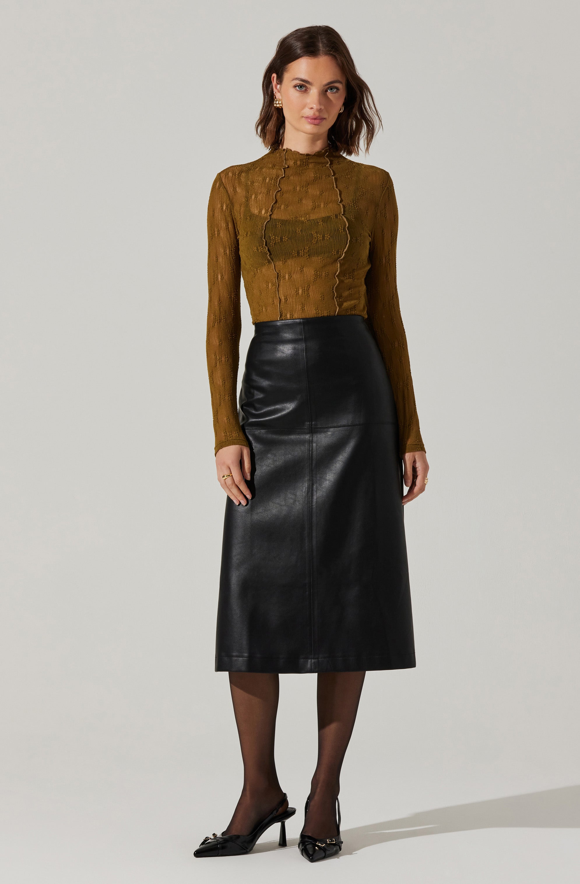 Yuria Faux Leather Midi Skirt-Aljck