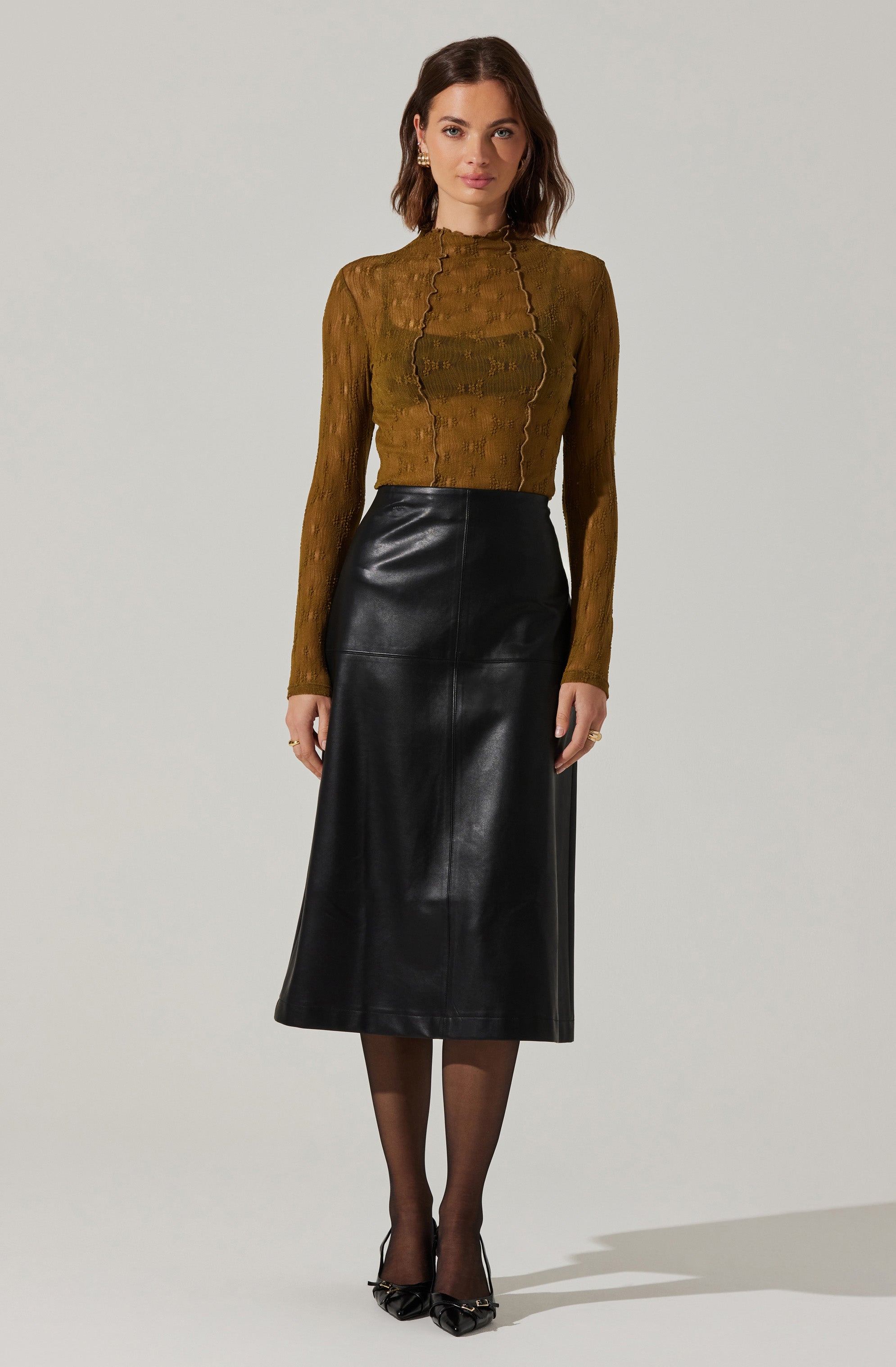 Yuria Faux Leather Midi Skirt-Aljck