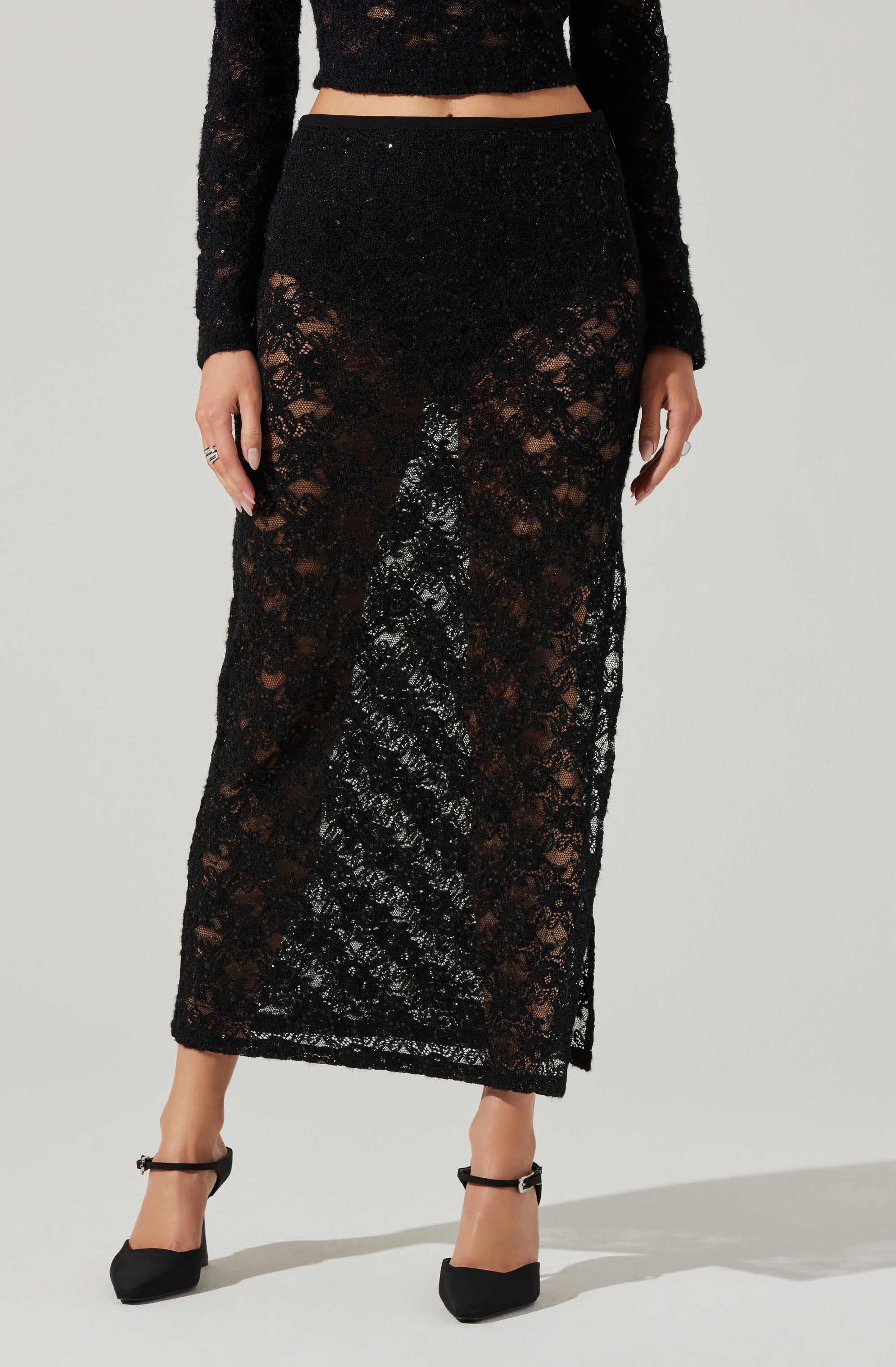 Roux Sequin Lace Maxi Skirt-Aljck