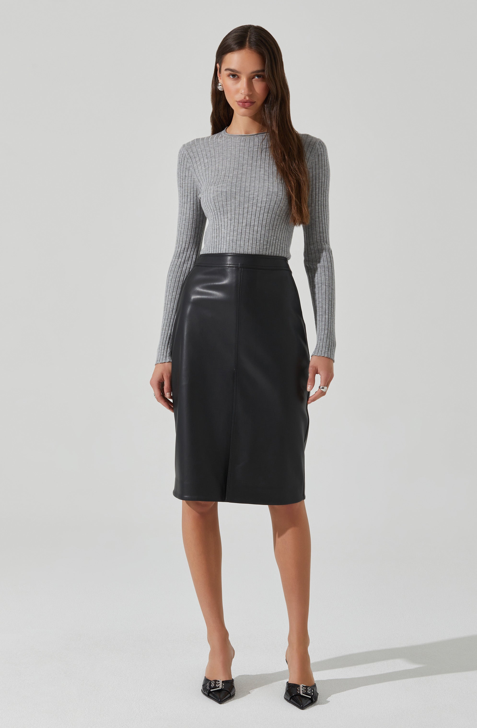 Ladonne Faux Leather Midi Skirt-Aljck