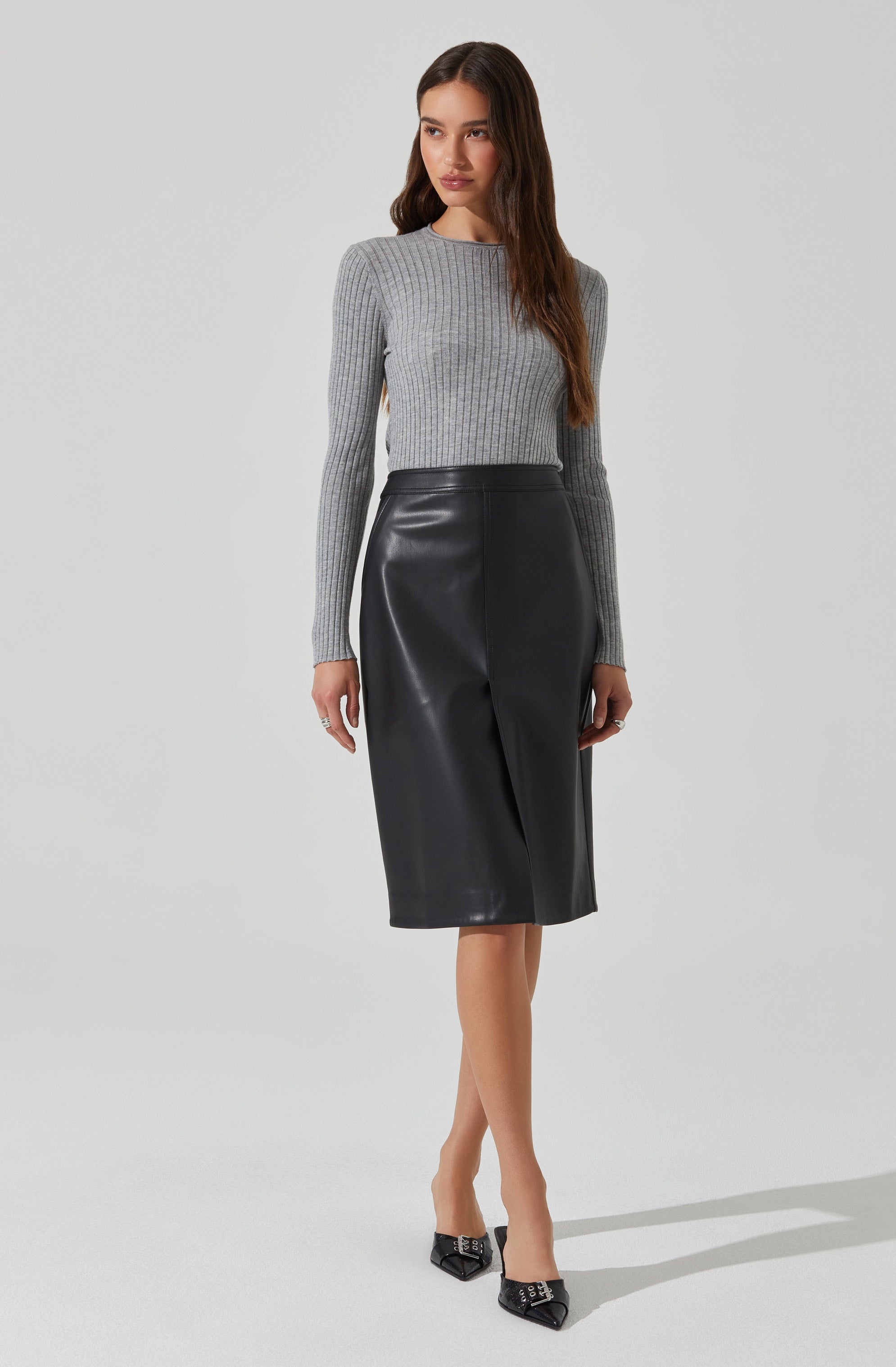 Ladonne Faux Leather Midi Skirt-Aljck