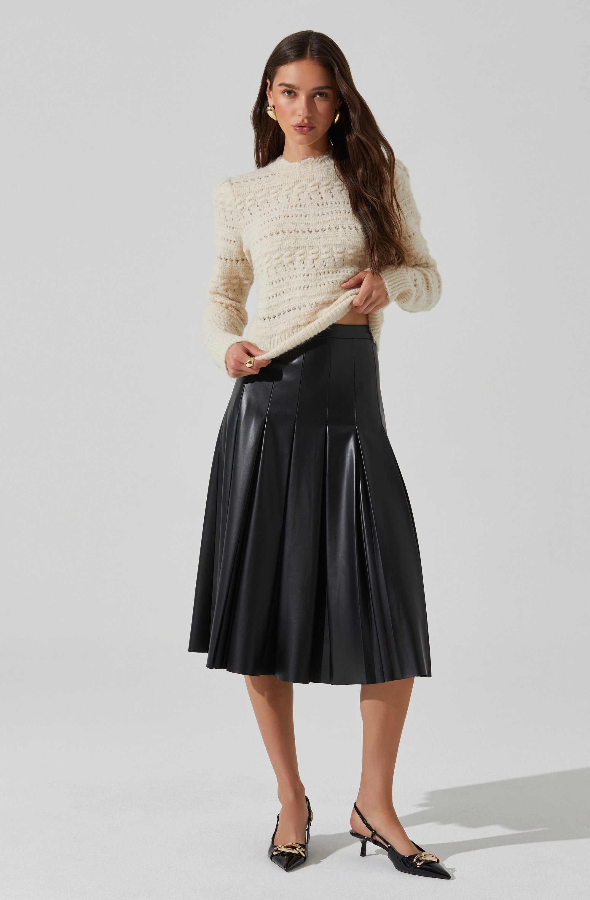 Vena Pleated Faux Leather Skirt-Aljck