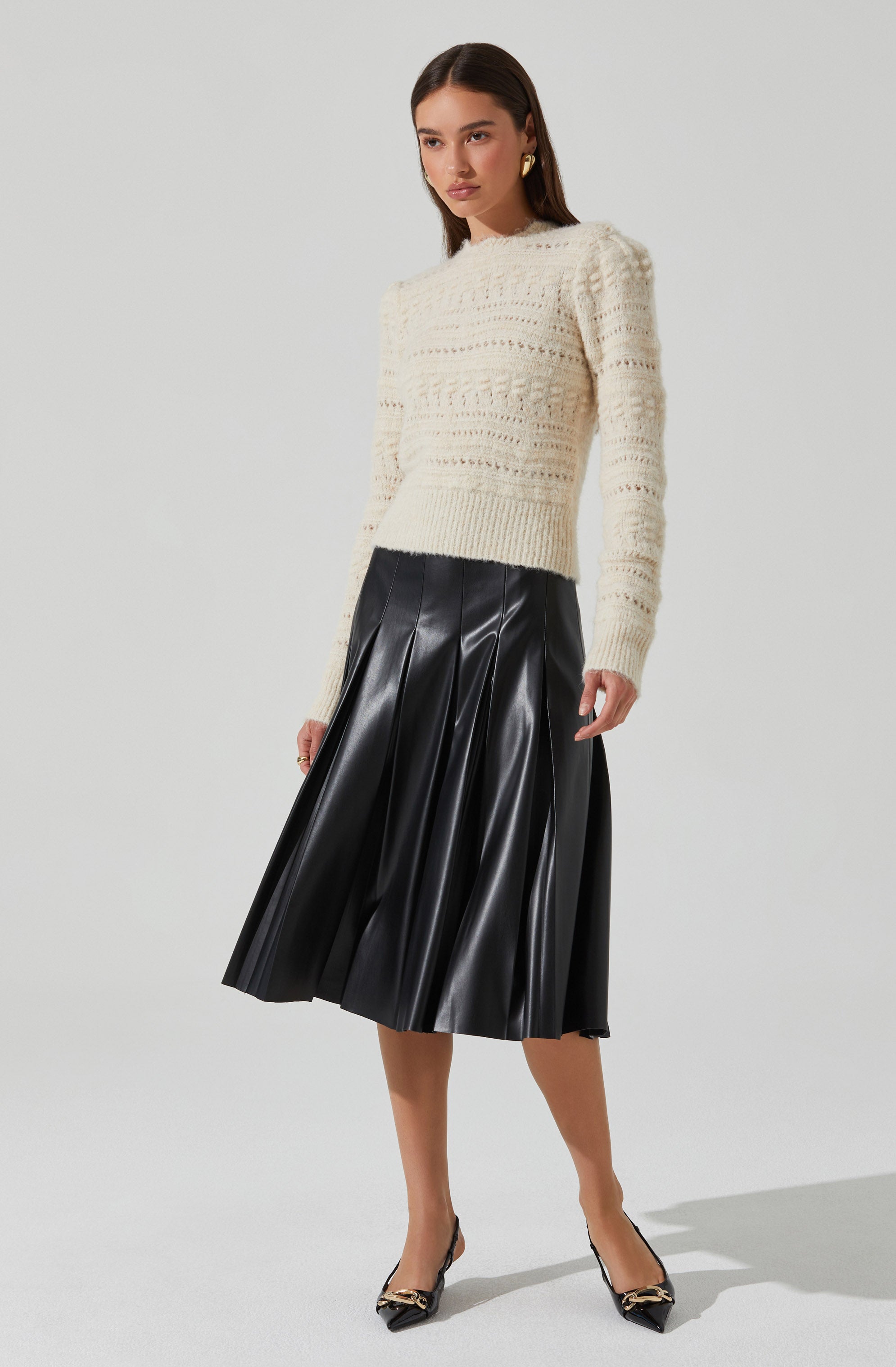Vena Pleated Faux Leather Skirt-Aljck