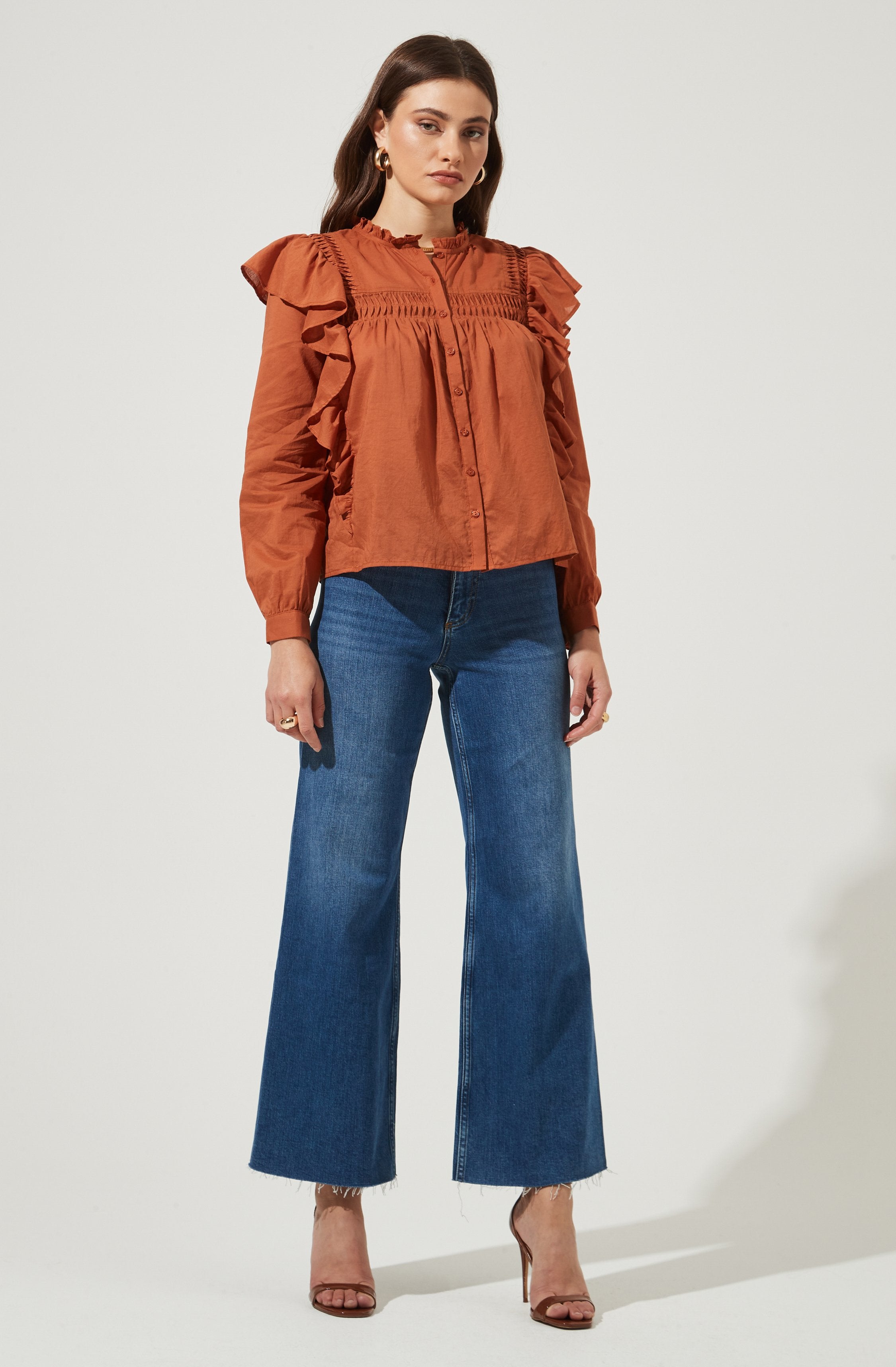 Fawn Ruffle Button Down Top-Aljck