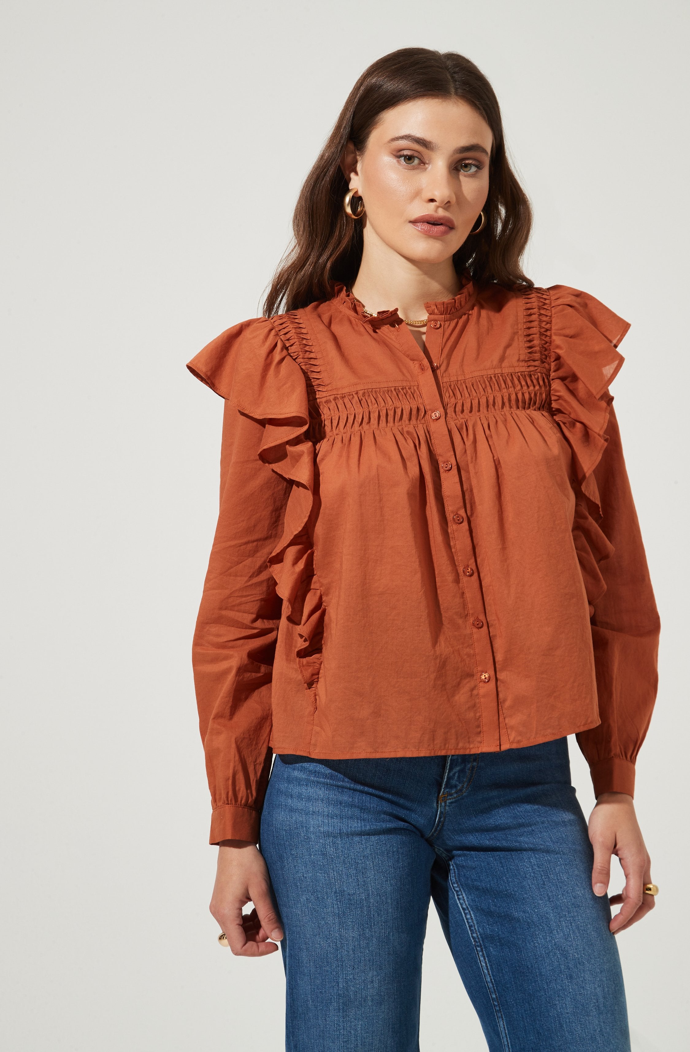 Fawn Ruffle Button Down Top-Aljck
