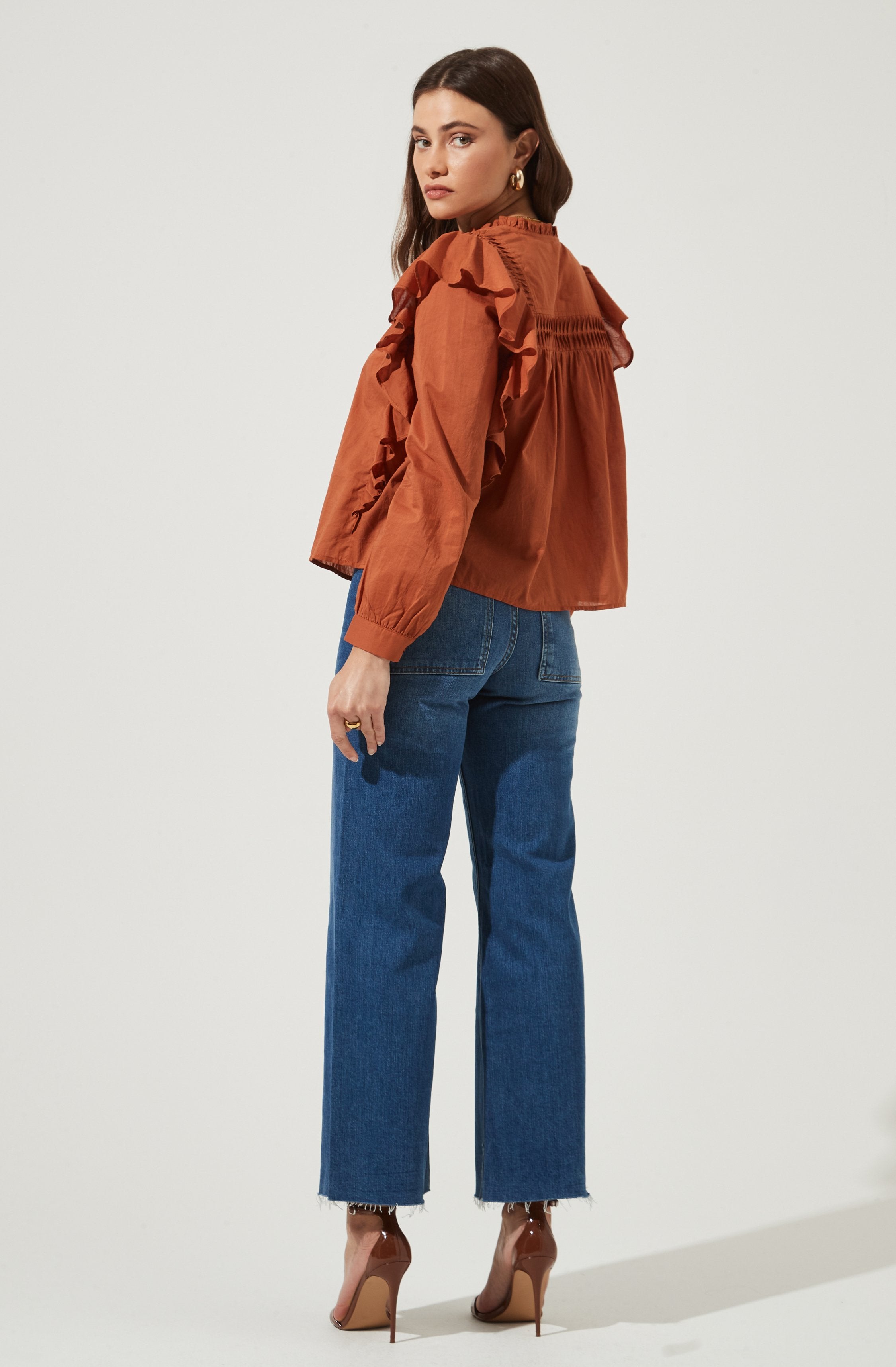 Fawn Ruffle Button Down Top-Aljck