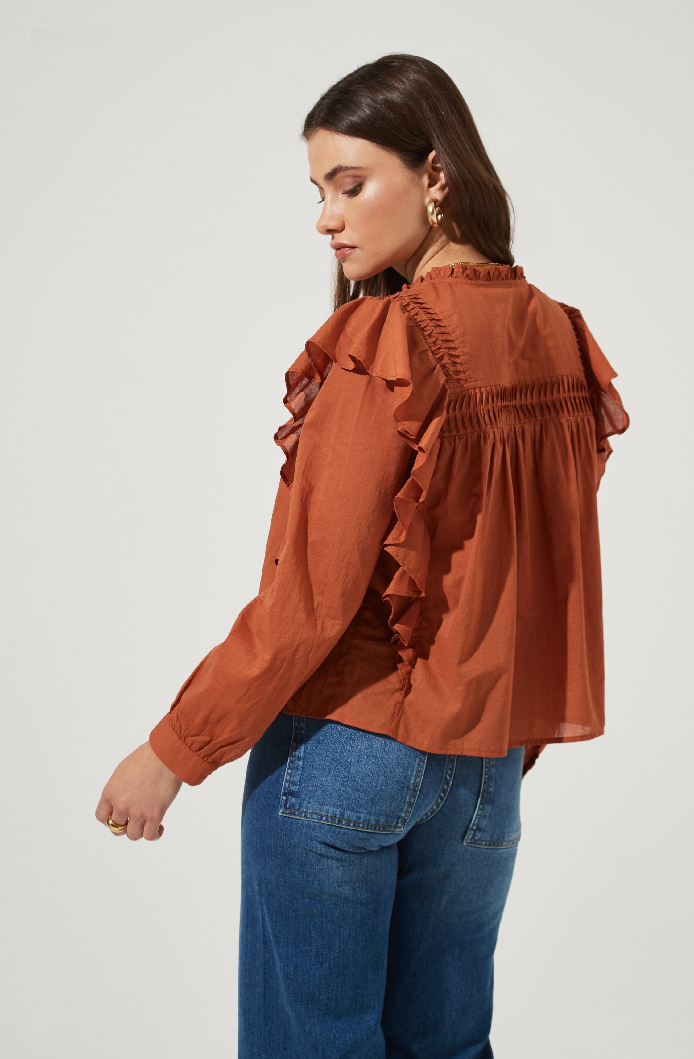 Fawn Ruffle Button Down Top-Aljck
