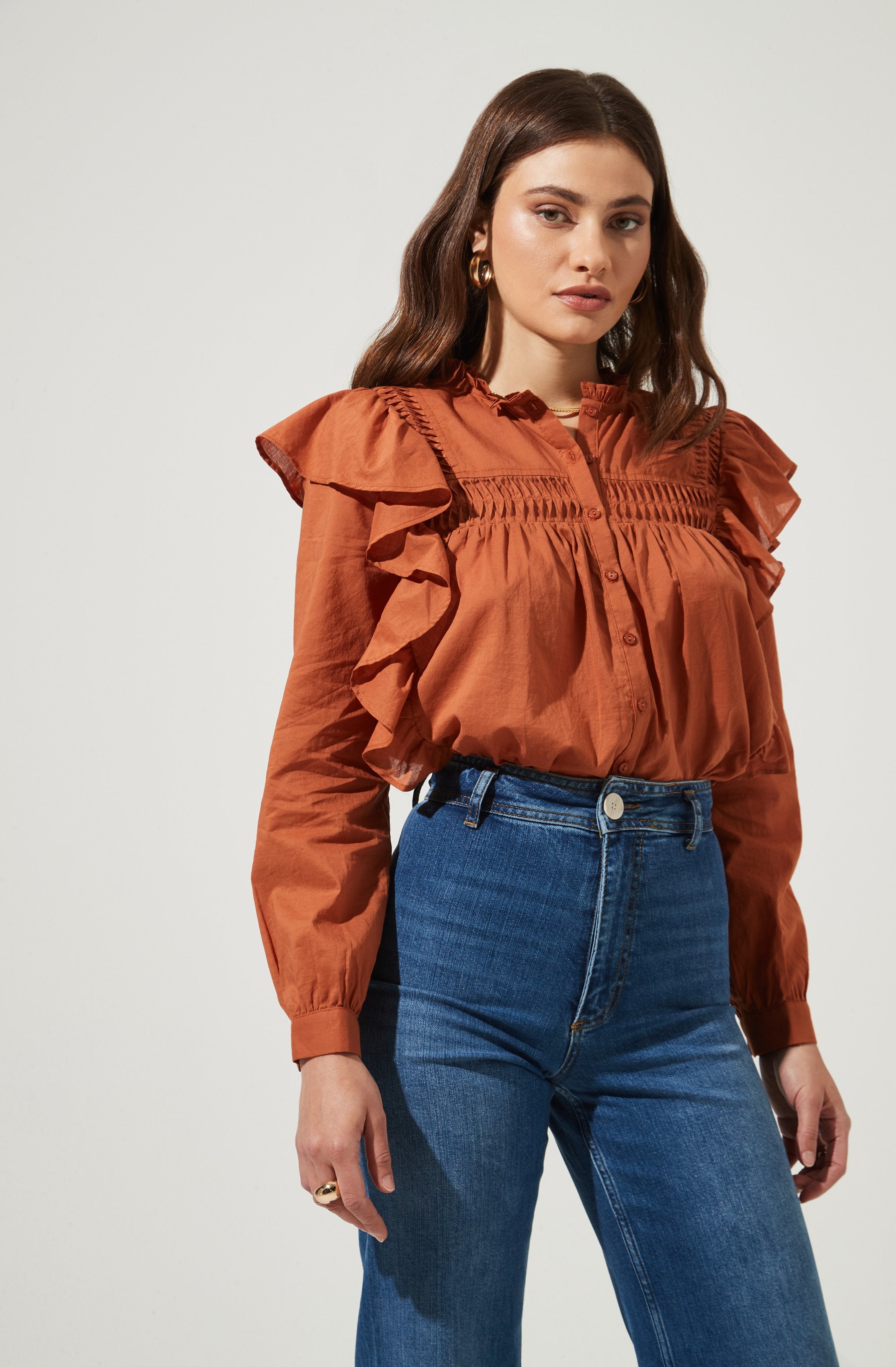 Fawn Ruffle Button Down Top-Aljck