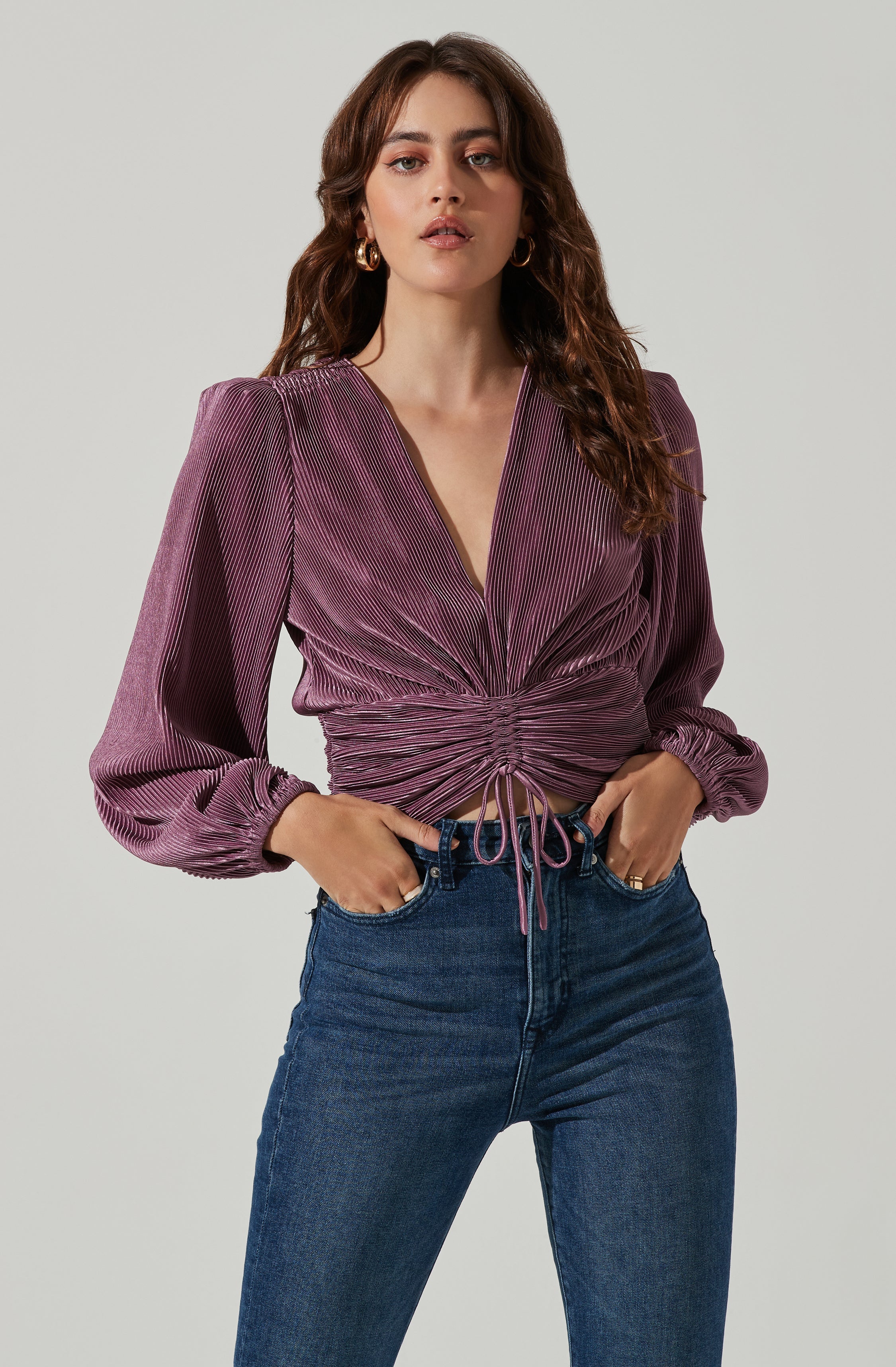 Braydon Pleated Ruched Front Long Sleeve Top-Aljck