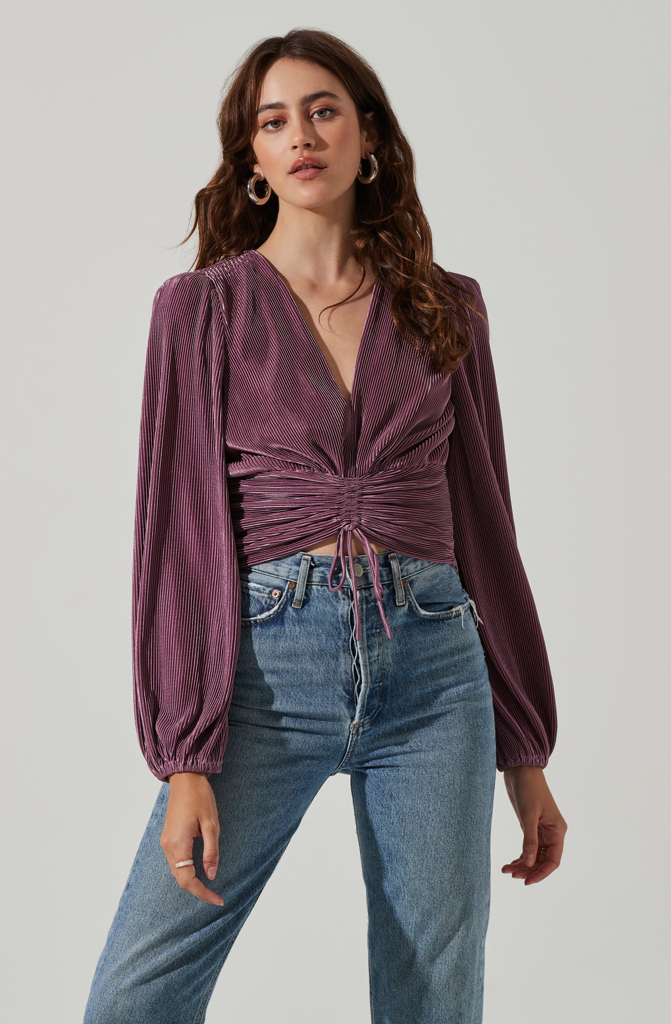 Braydon Pleated Ruched Front Long Sleeve Top-Aljck