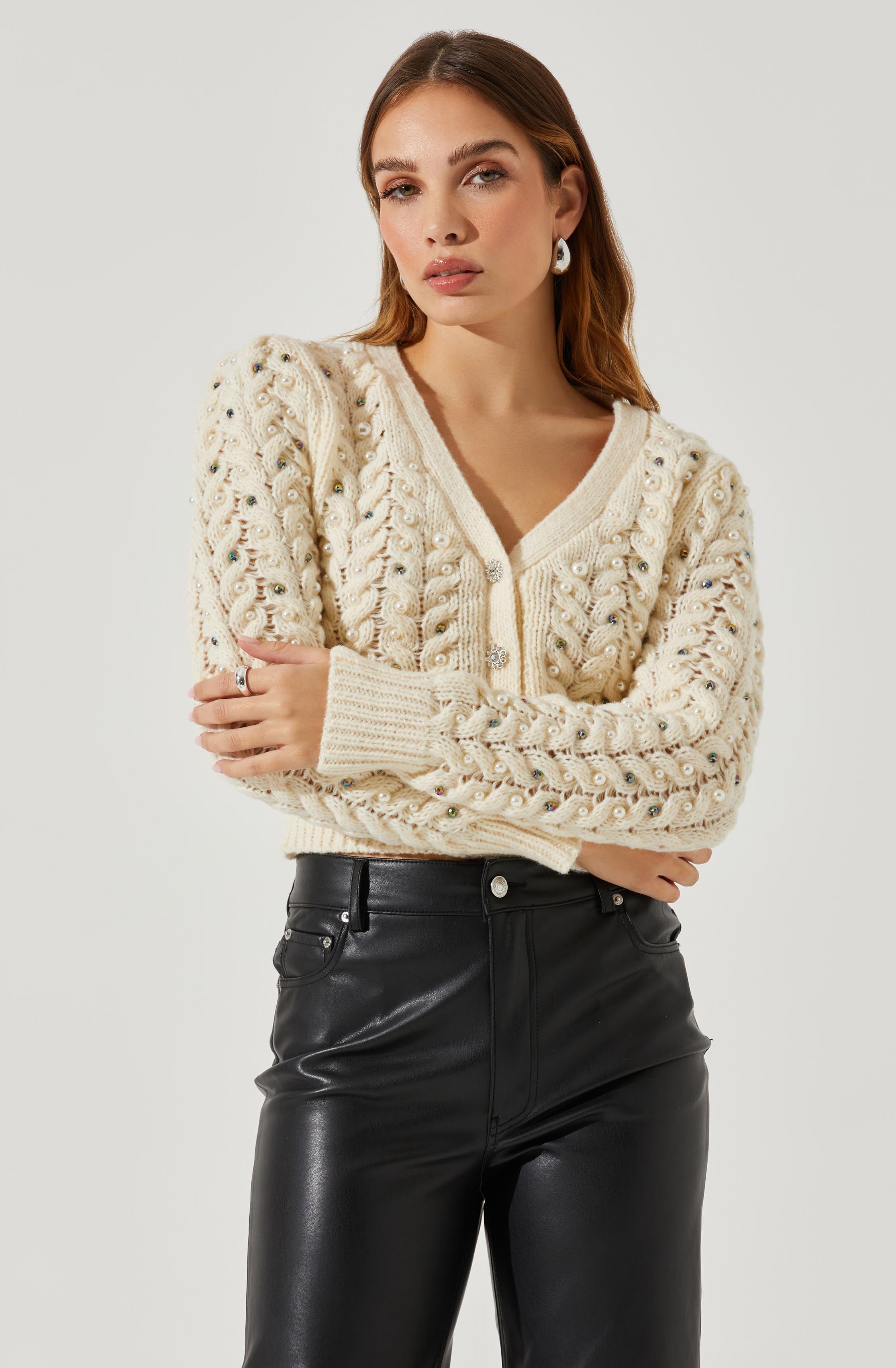 Mien Embellished Cable Knit Cardigan Sweater-Aljck