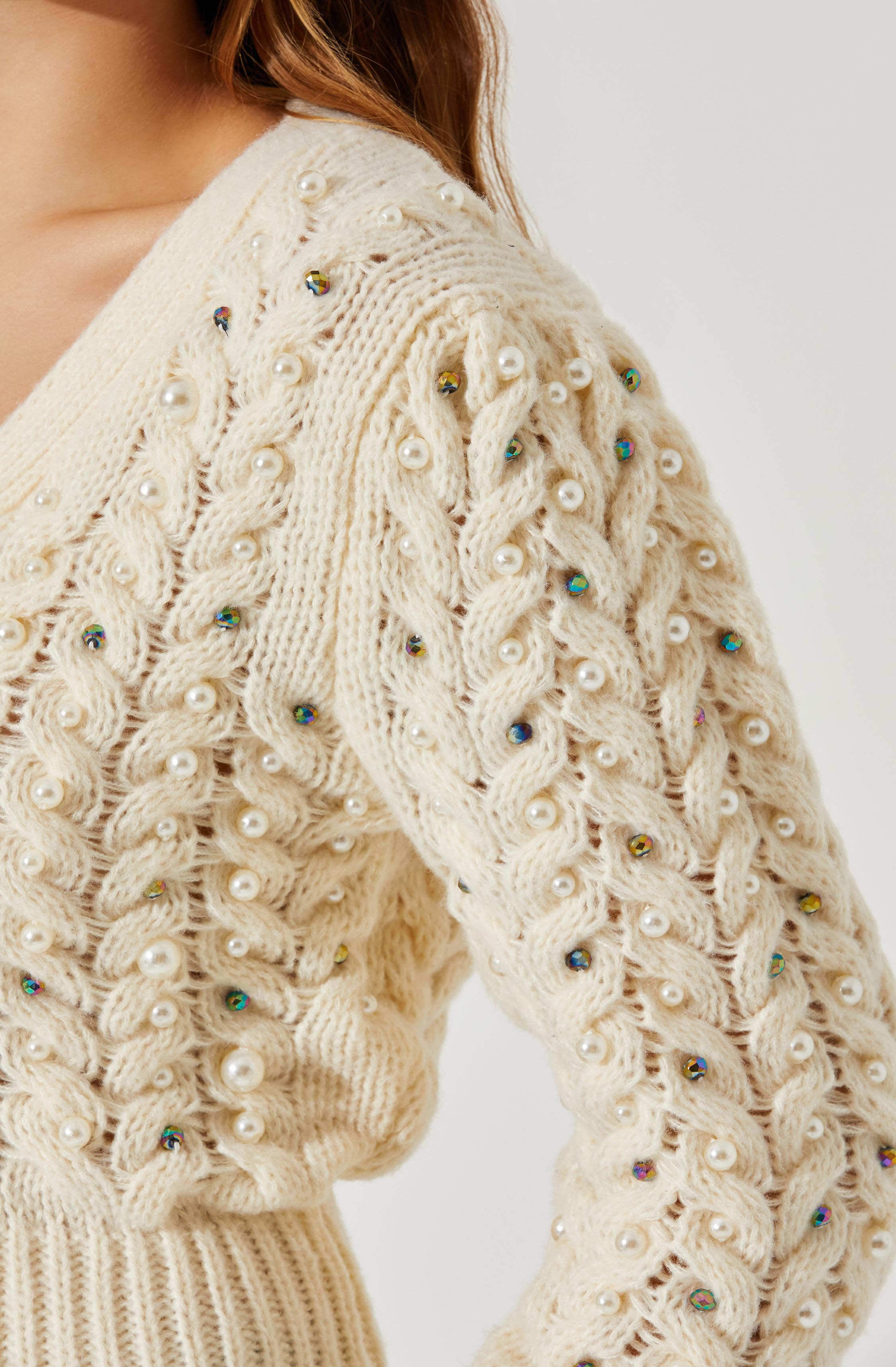 Mien Embellished Cable Knit Cardigan Sweater-Aljck