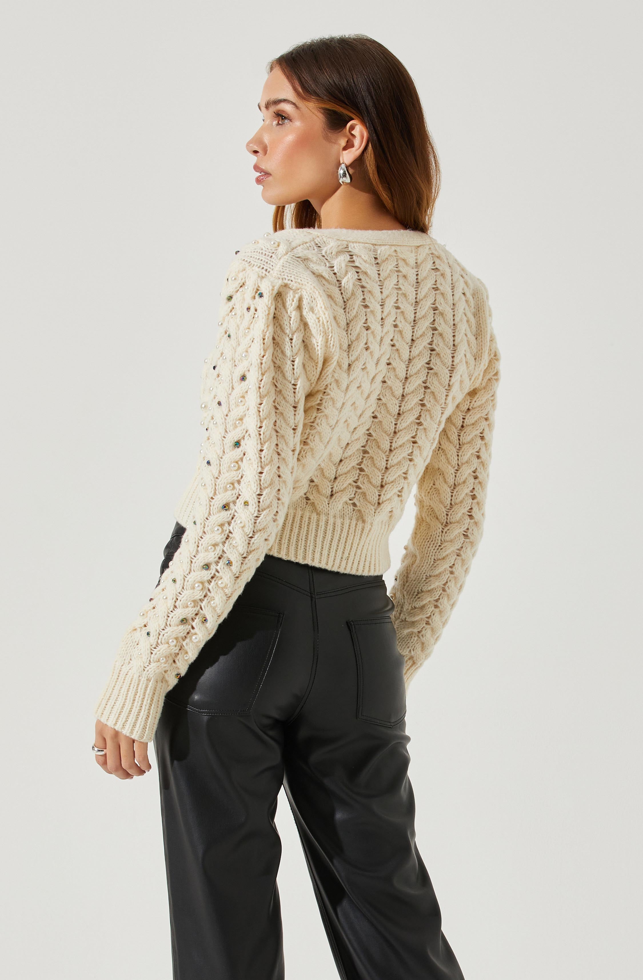 Mien Embellished Cable Knit Cardigan Sweater-Aljck