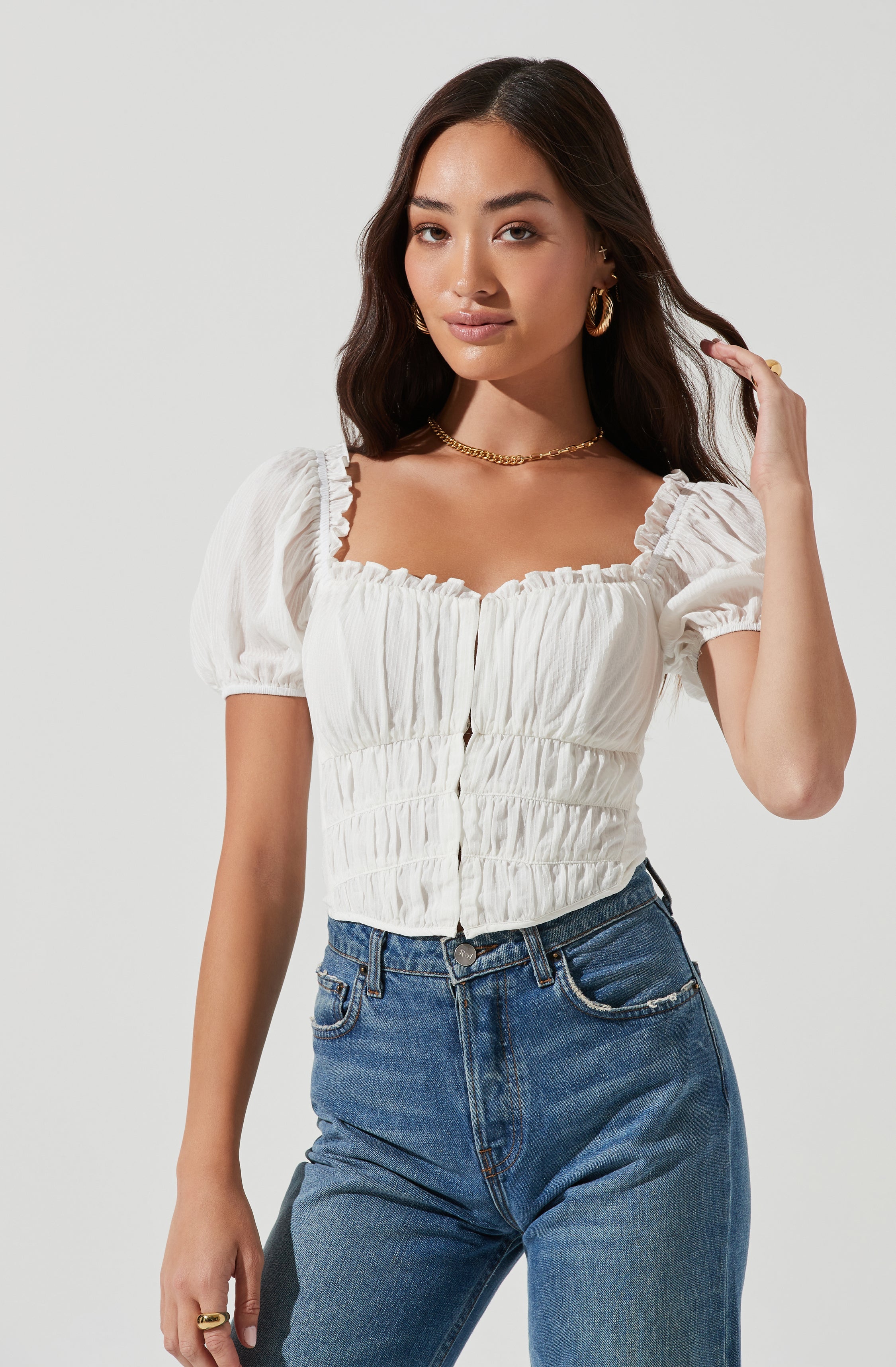 Empress Ruched Hook And Eye Puff Sleeve Top-Aljck