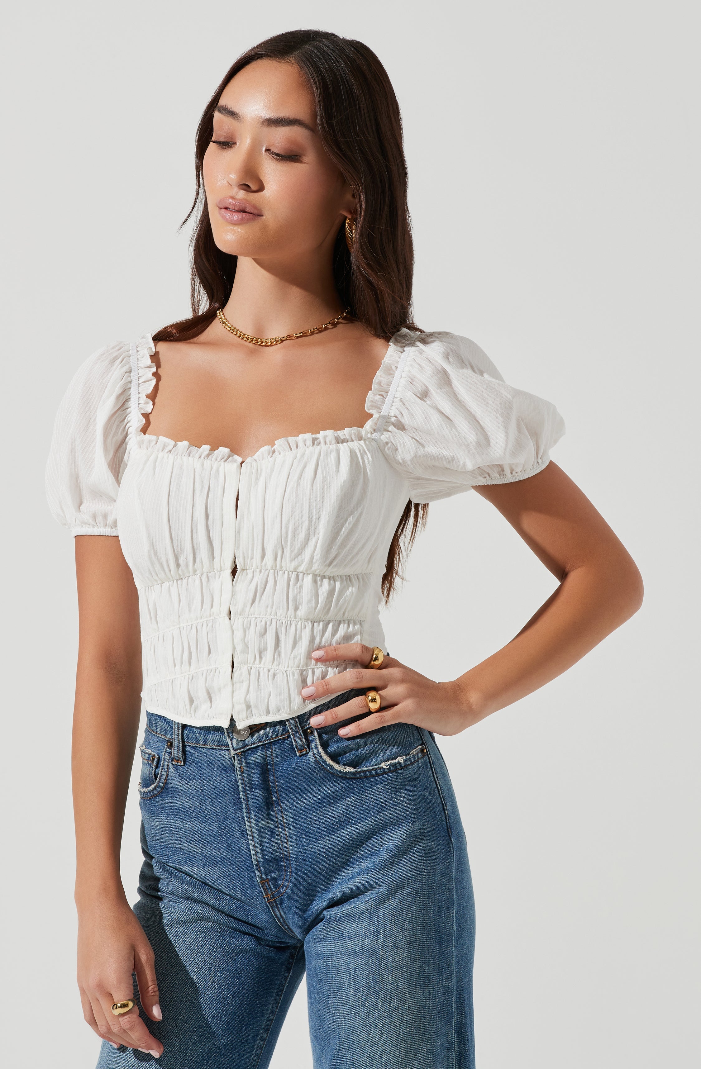 Empress Ruched Hook And Eye Puff Sleeve Top-Aljck