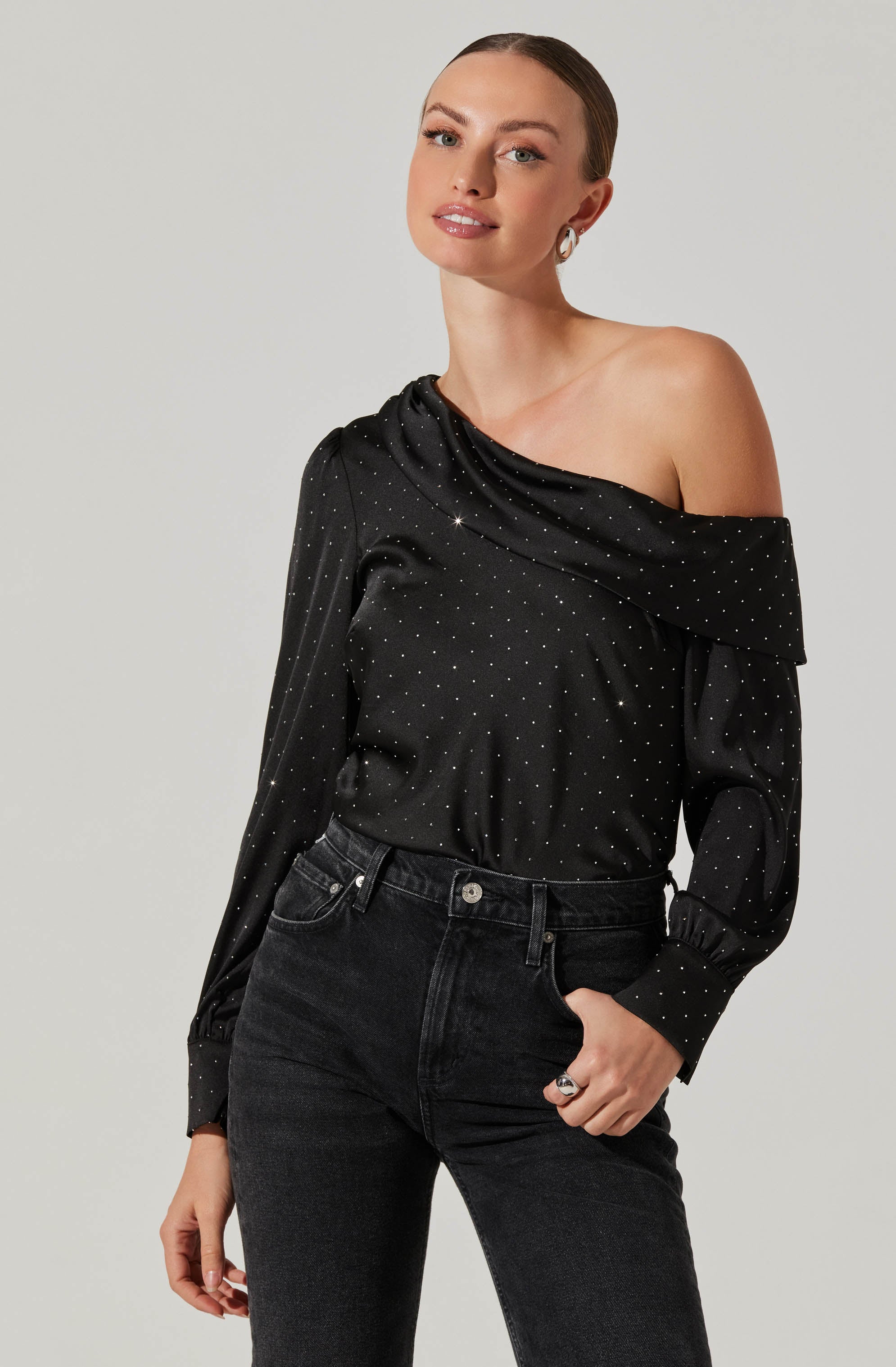 Ellen Satin Rhinestone One Shoulder Top-Aljck