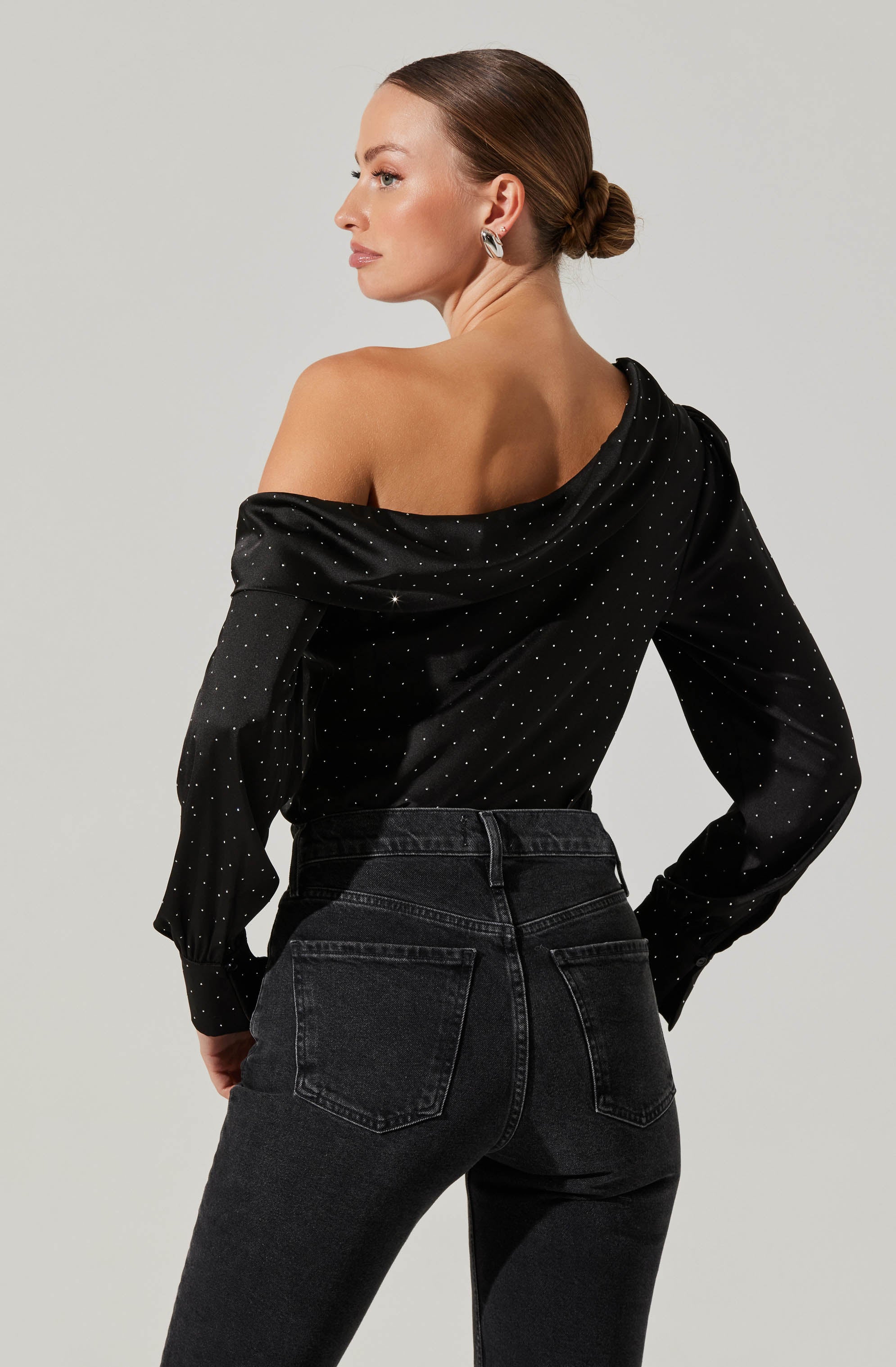 Ellen Satin Rhinestone One Shoulder Top-Aljck