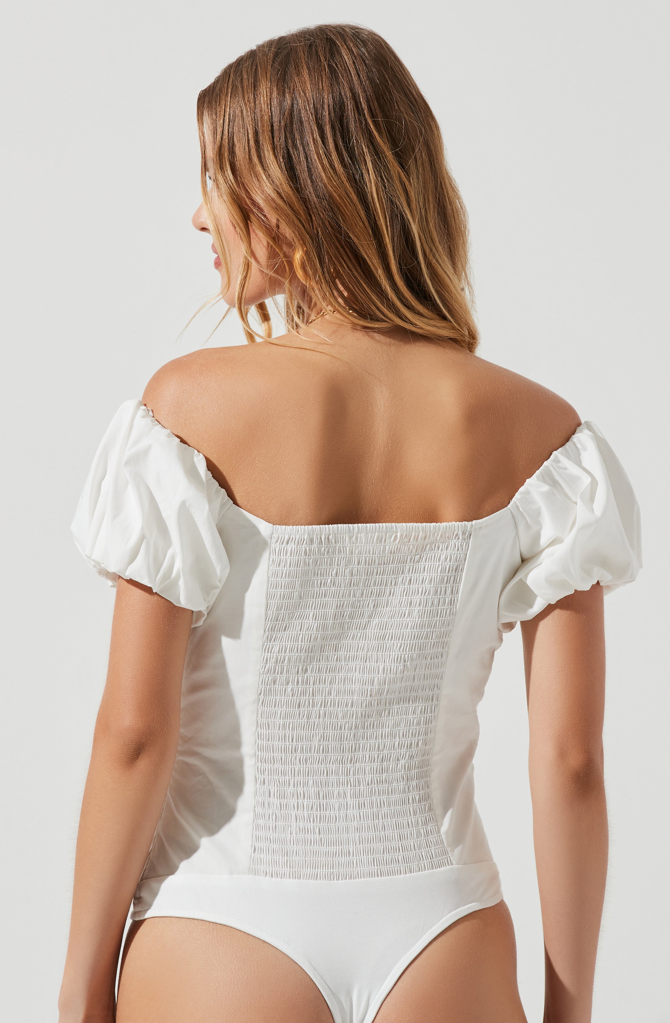 Rayne Ruched Off Shoulder Puff Sleeve Bodysuit-Aljck