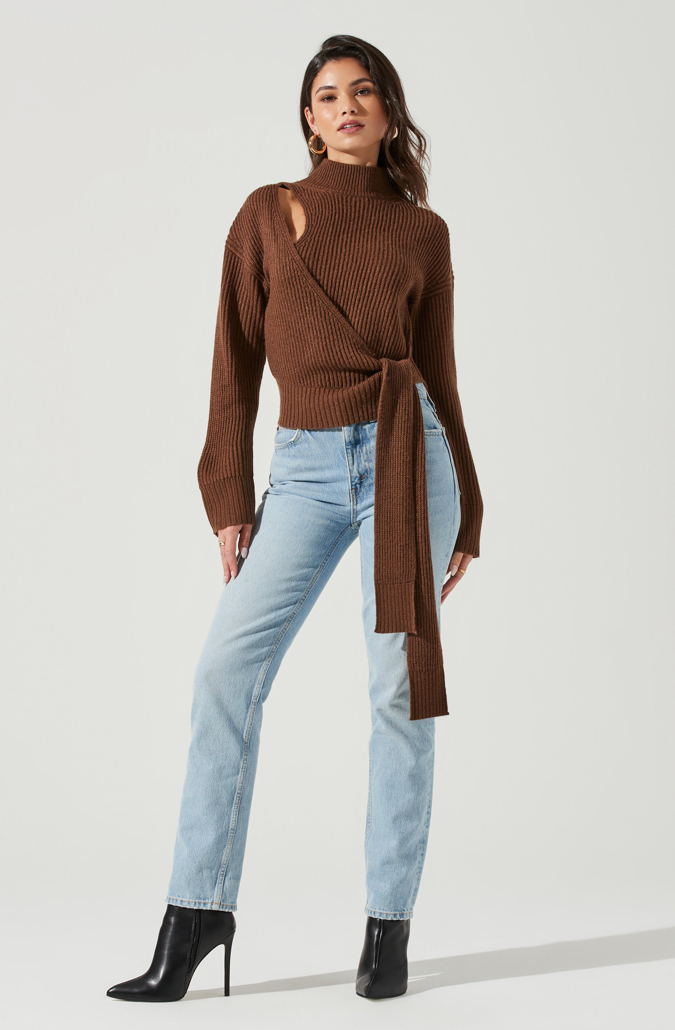 Sora Mock Neck Cutout Tie Waist Sweater-Aljck