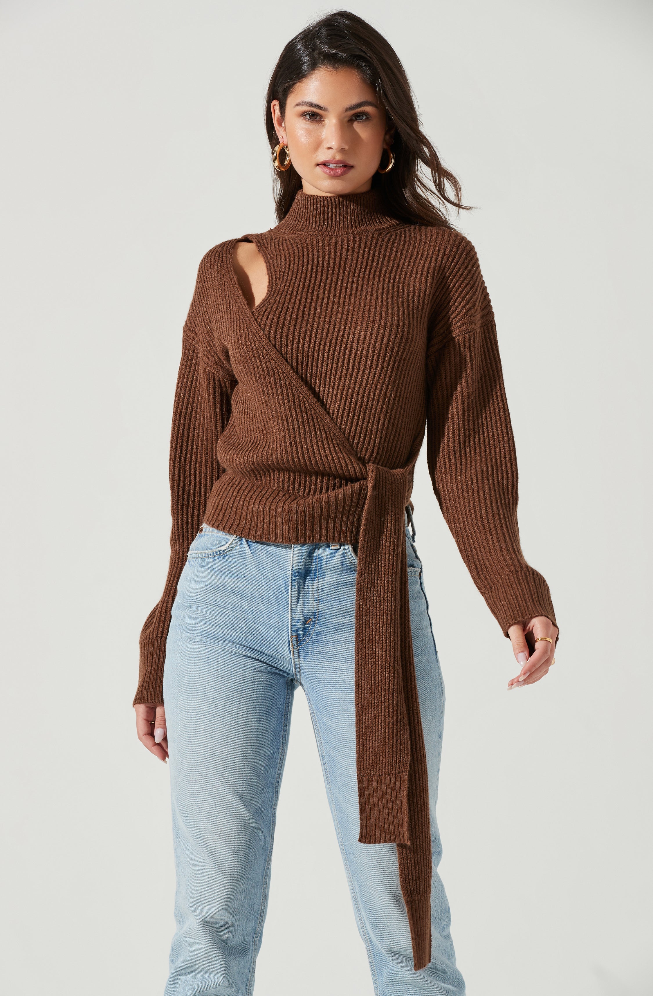 Sora Mock Neck Cutout Tie Waist Sweater-Aljck