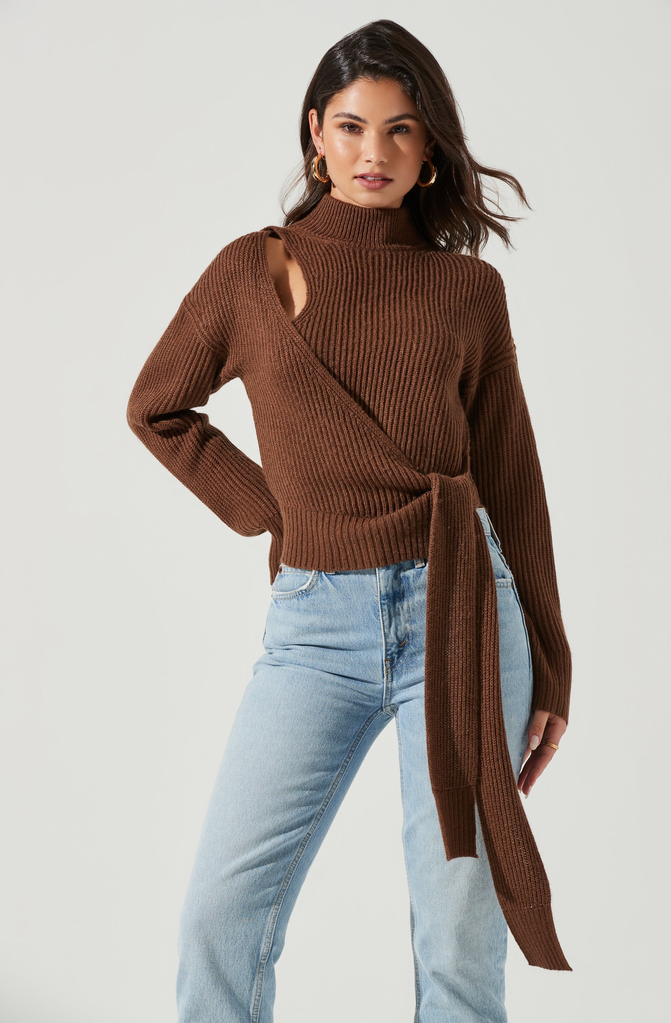 Sora Mock Neck Cutout Tie Waist Sweater-Aljck