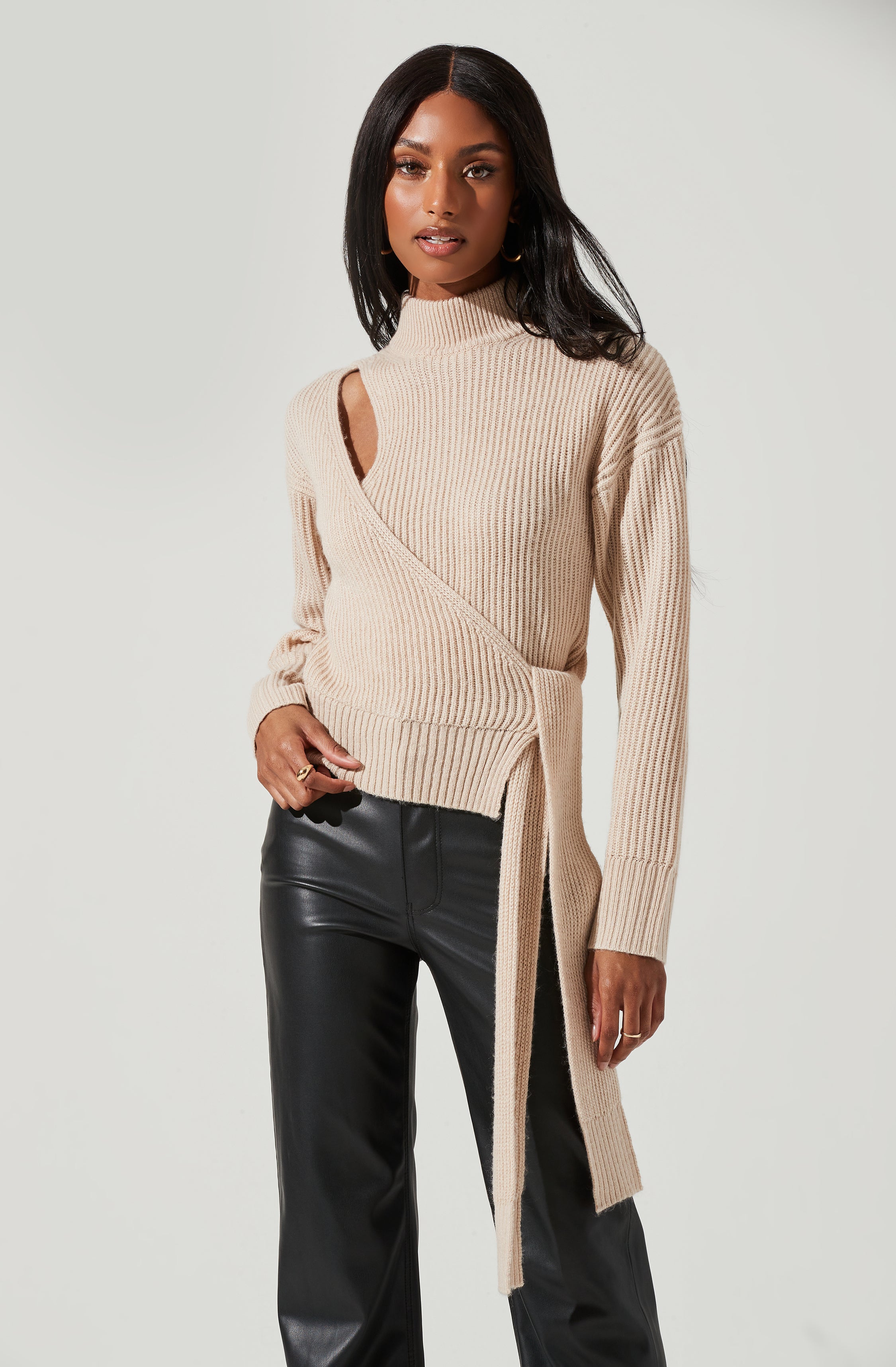 Sora Mock Neck Cutout Tie Waist Sweater-Aljck