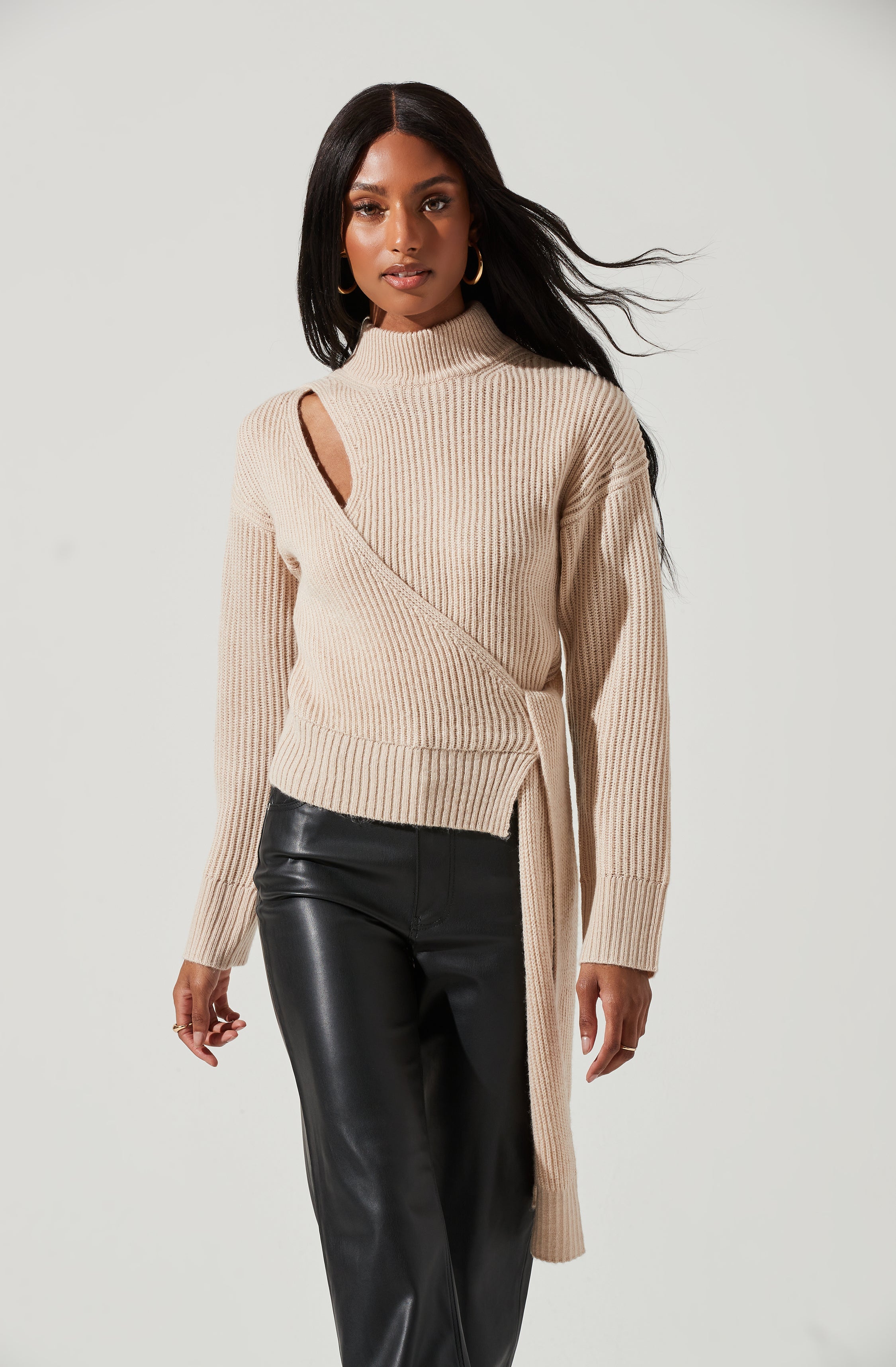 Sora Mock Neck Cutout Tie Waist Sweater-Aljck