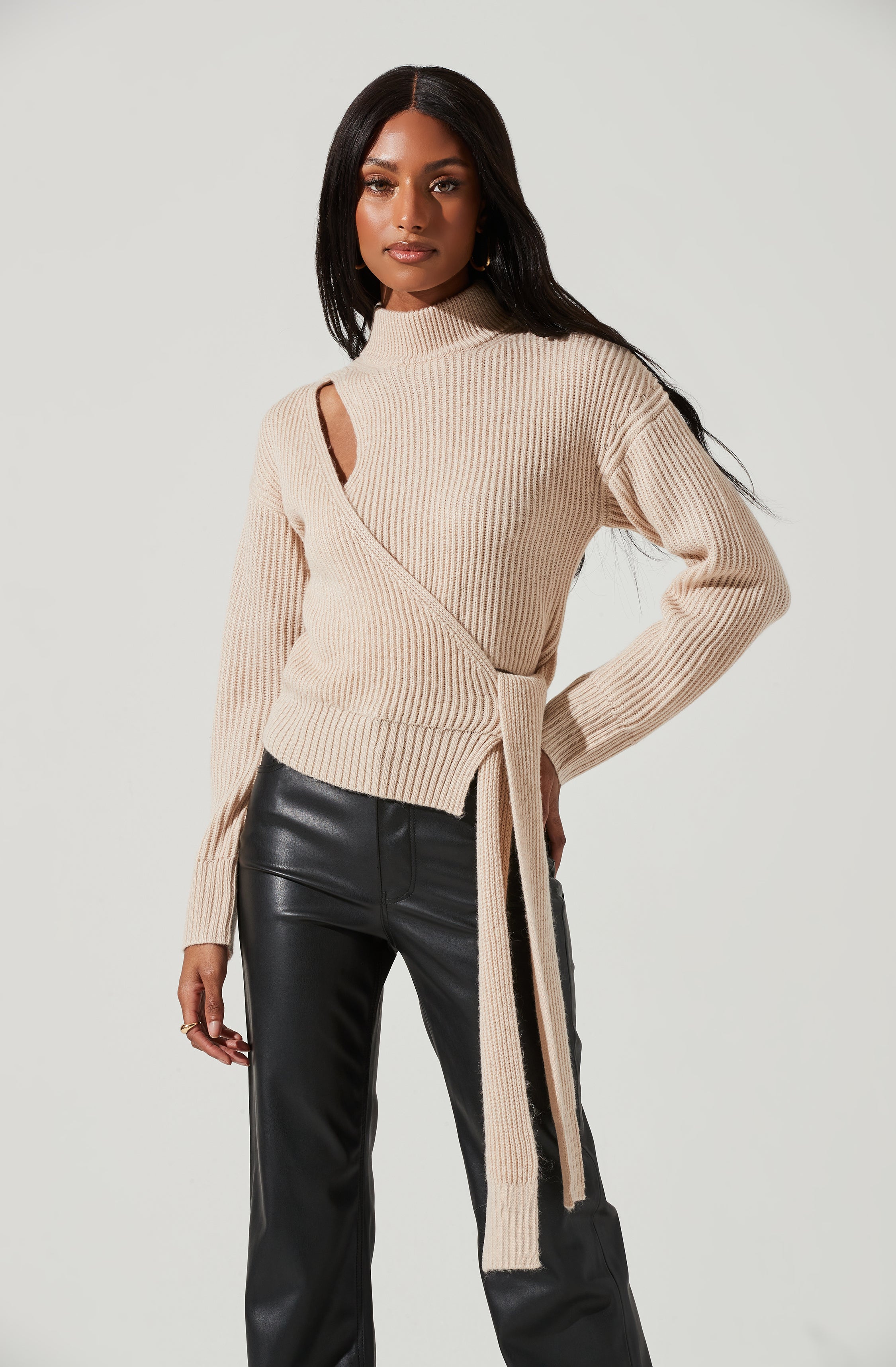 Sora Mock Neck Cutout Tie Waist Sweater-Aljck