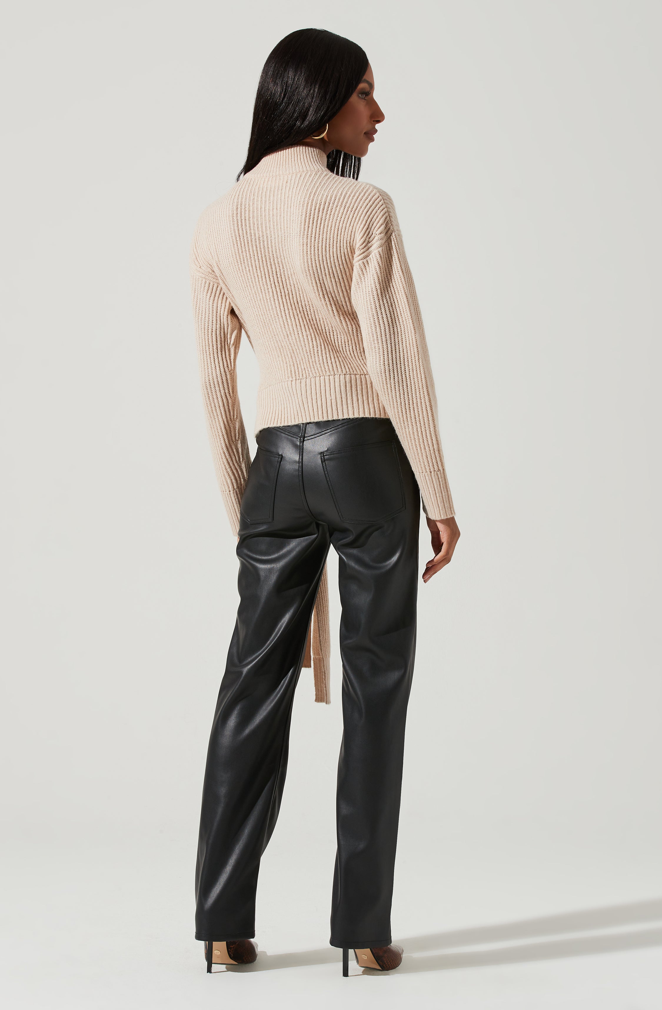Sora Mock Neck Cutout Tie Waist Sweater-Aljck