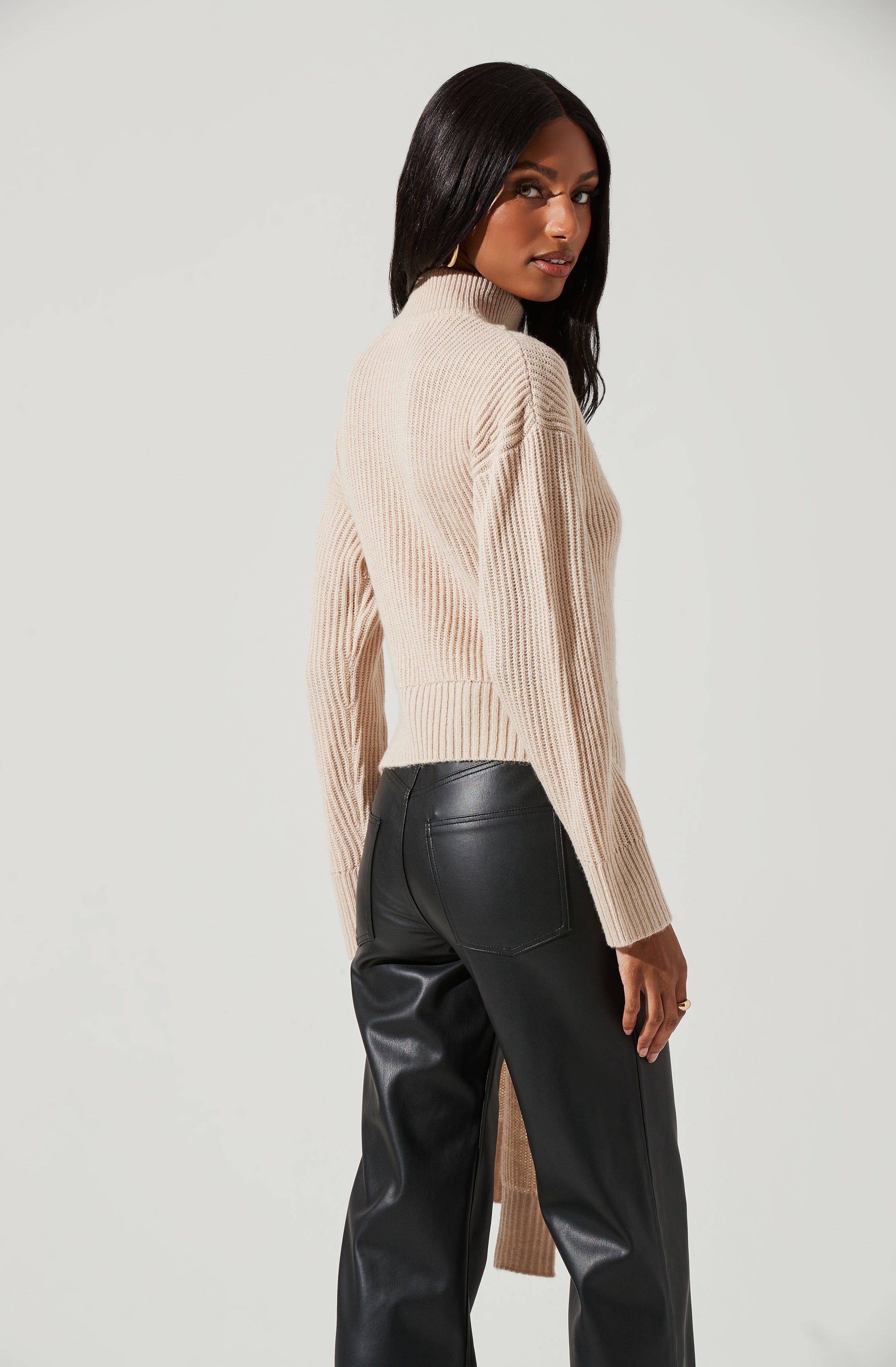 Sora Mock Neck Cutout Tie Waist Sweater-Aljck