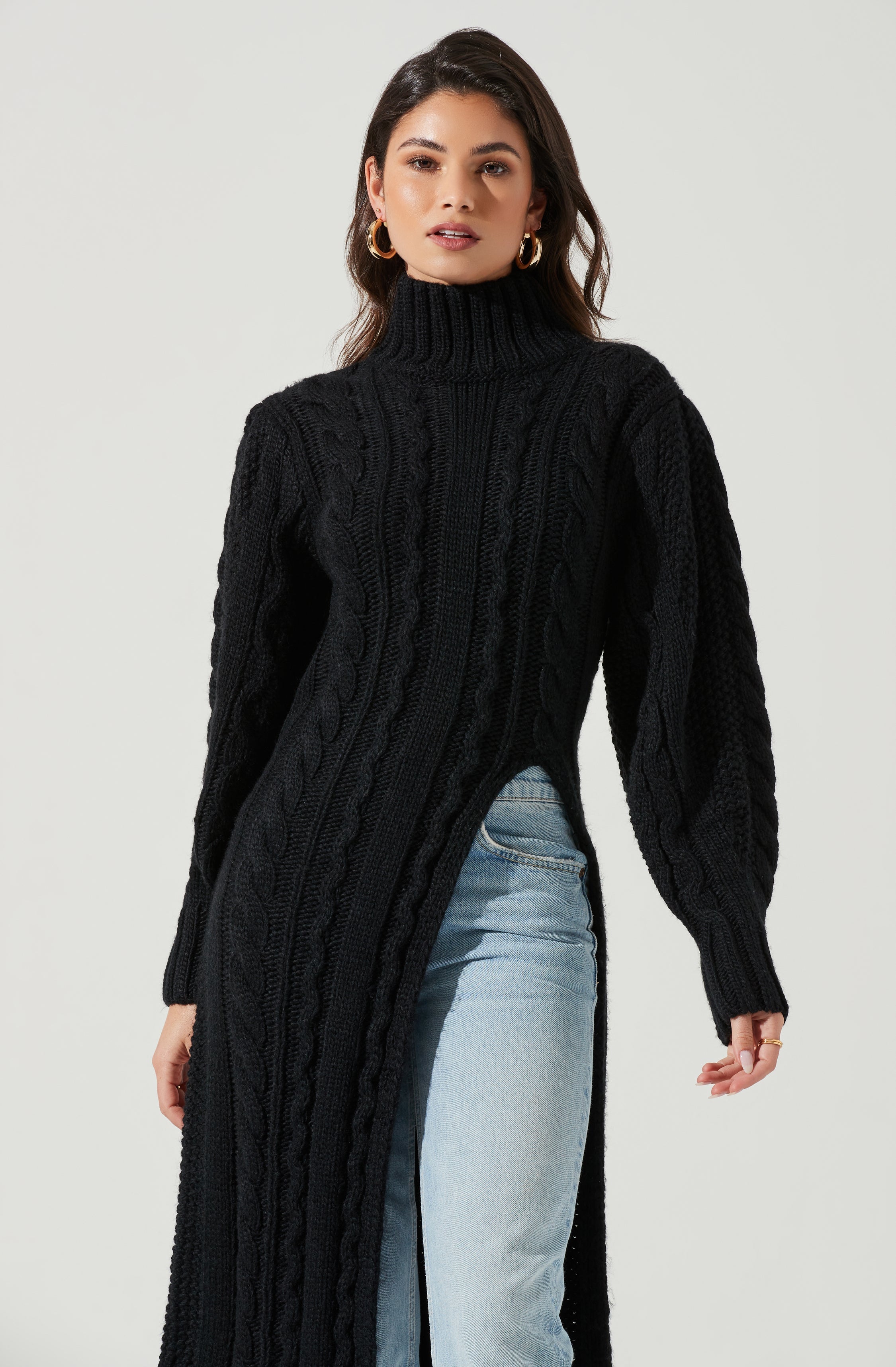 Evangelina Cable Knit Turtleneck Hi Slit Sweater-Aljck