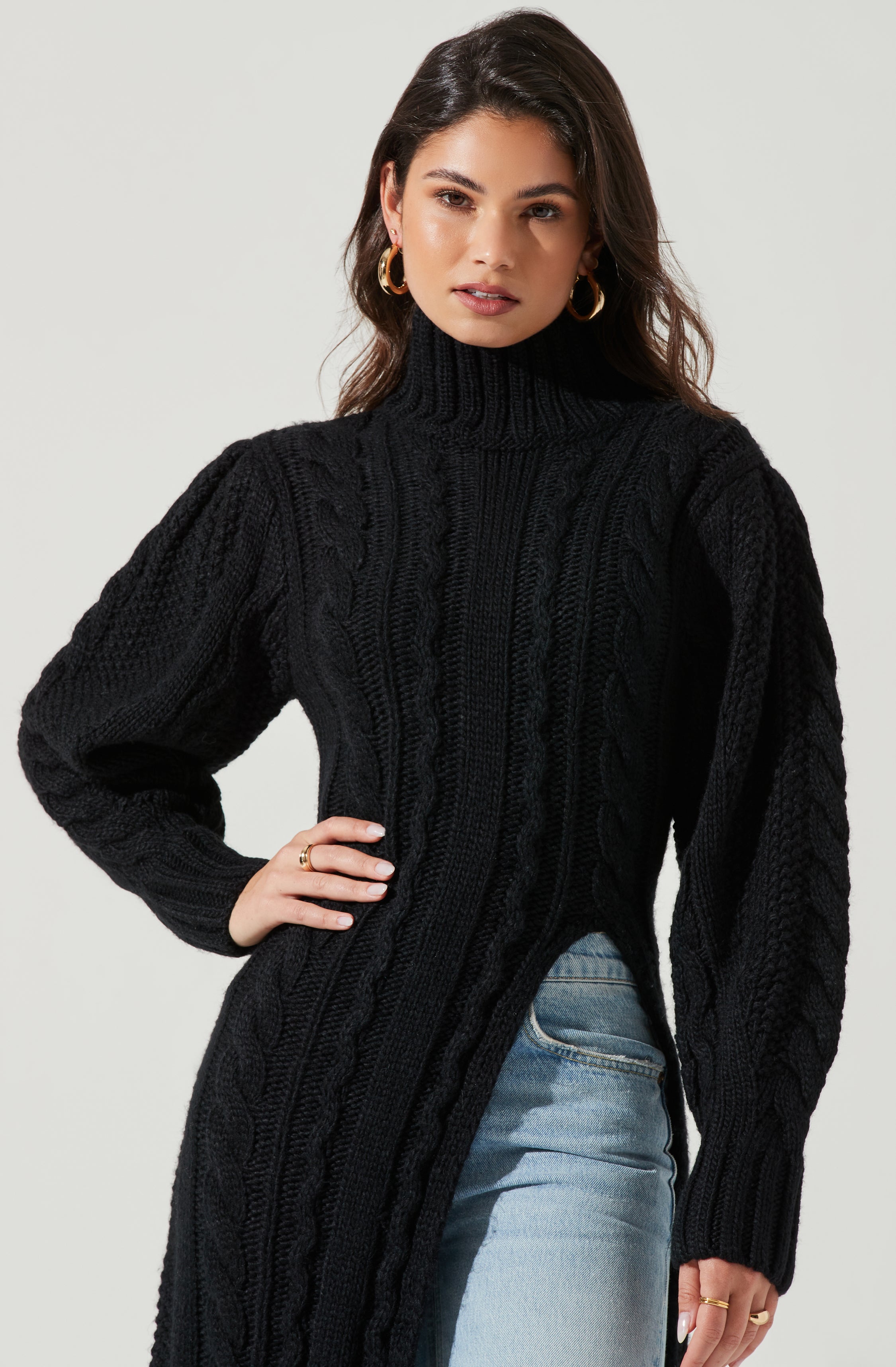Evangelina Cable Knit Turtleneck Hi Slit Sweater-Aljck