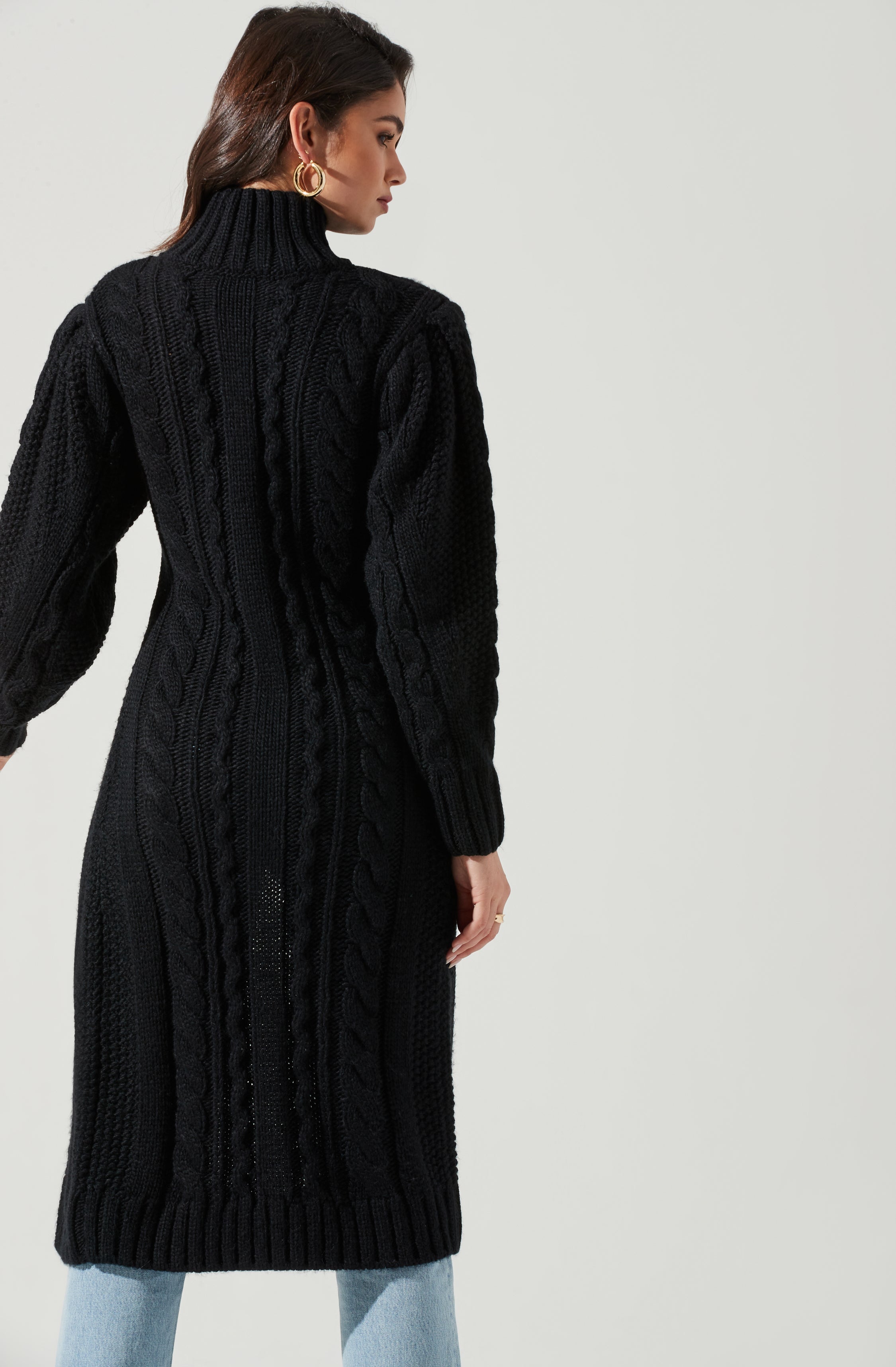 Evangelina Cable Knit Turtleneck Hi Slit Sweater-Aljck