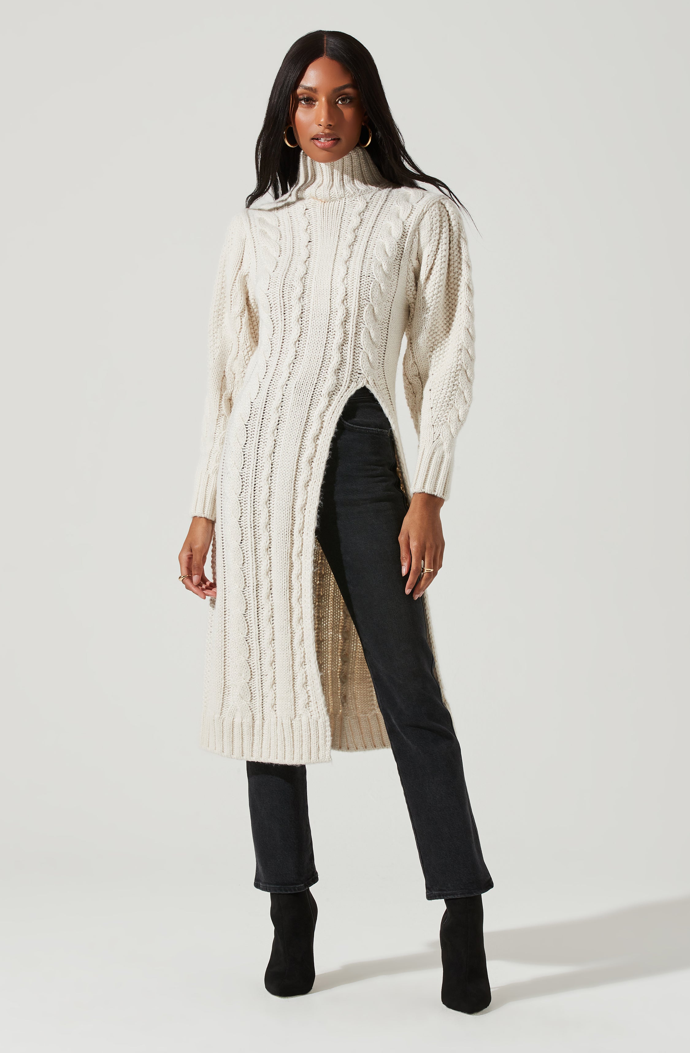 Evangelina Cable Knit Turtleneck Hi Slit Sweater-Aljck