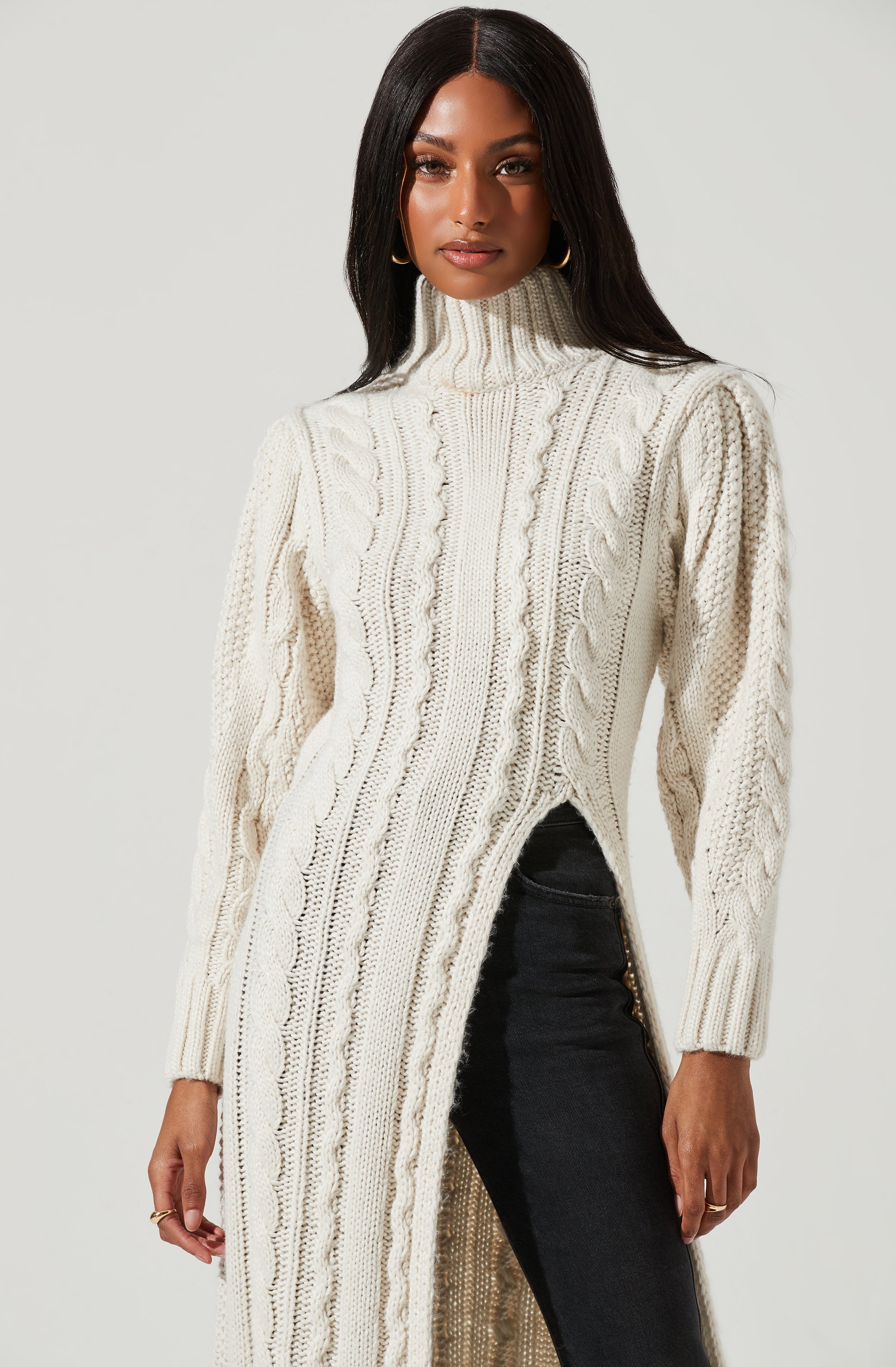 Evangelina Cable Knit Turtleneck Hi Slit Sweater-Aljck