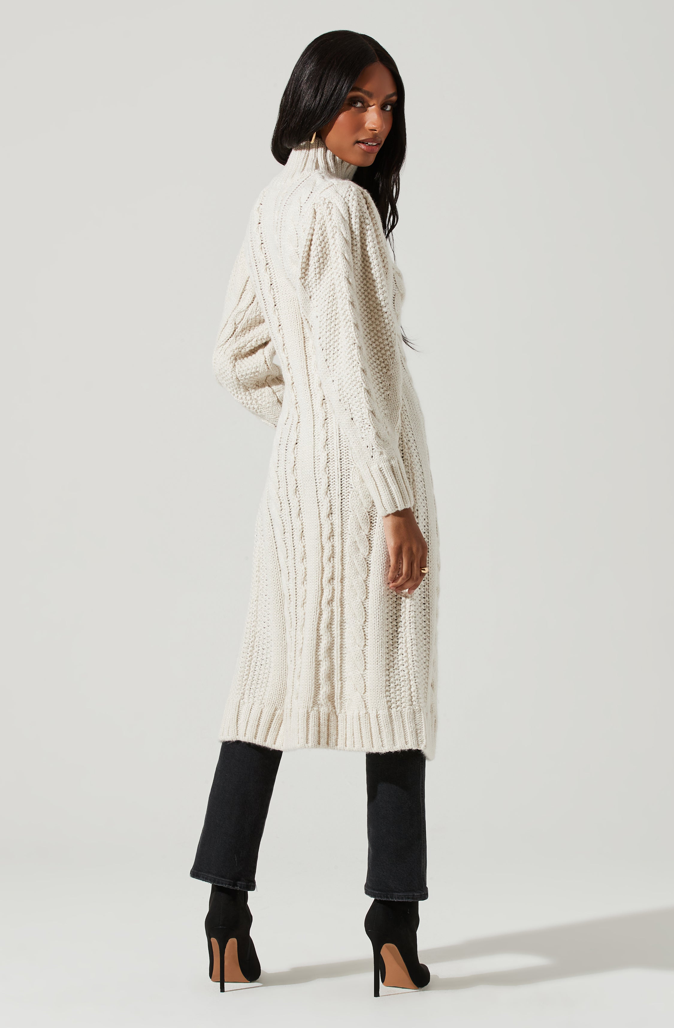 Evangelina Cable Knit Turtleneck Hi Slit Sweater-Aljck