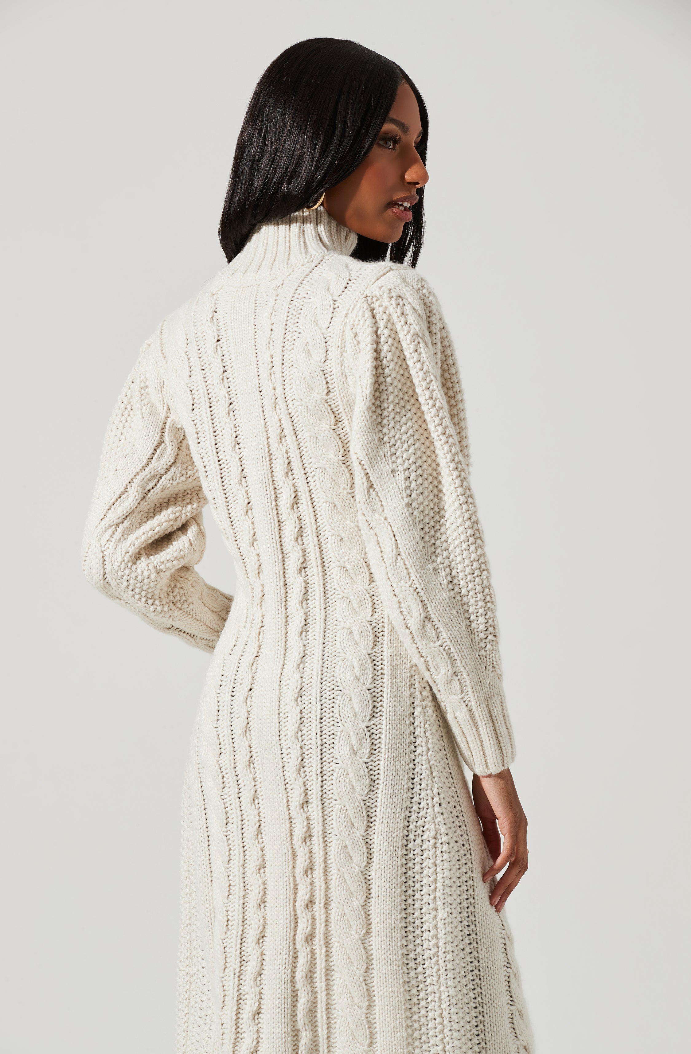 Evangelina Cable Knit Turtleneck Hi Slit Sweater-Aljck
