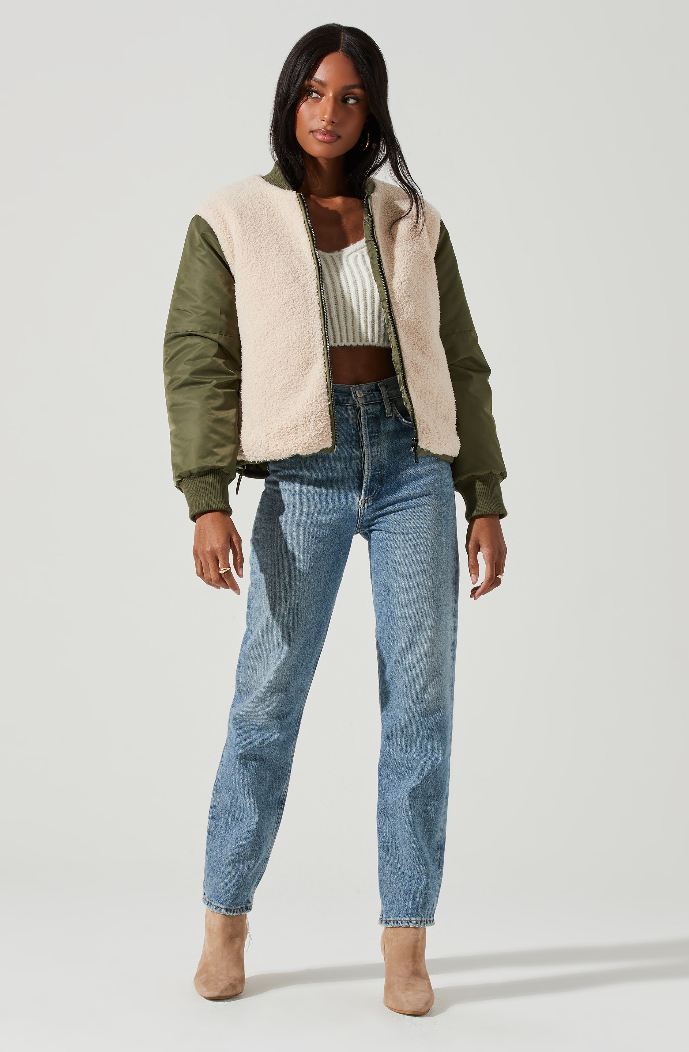 Tegan Faux Shearling Contrast Puffer Jacket-Aljck