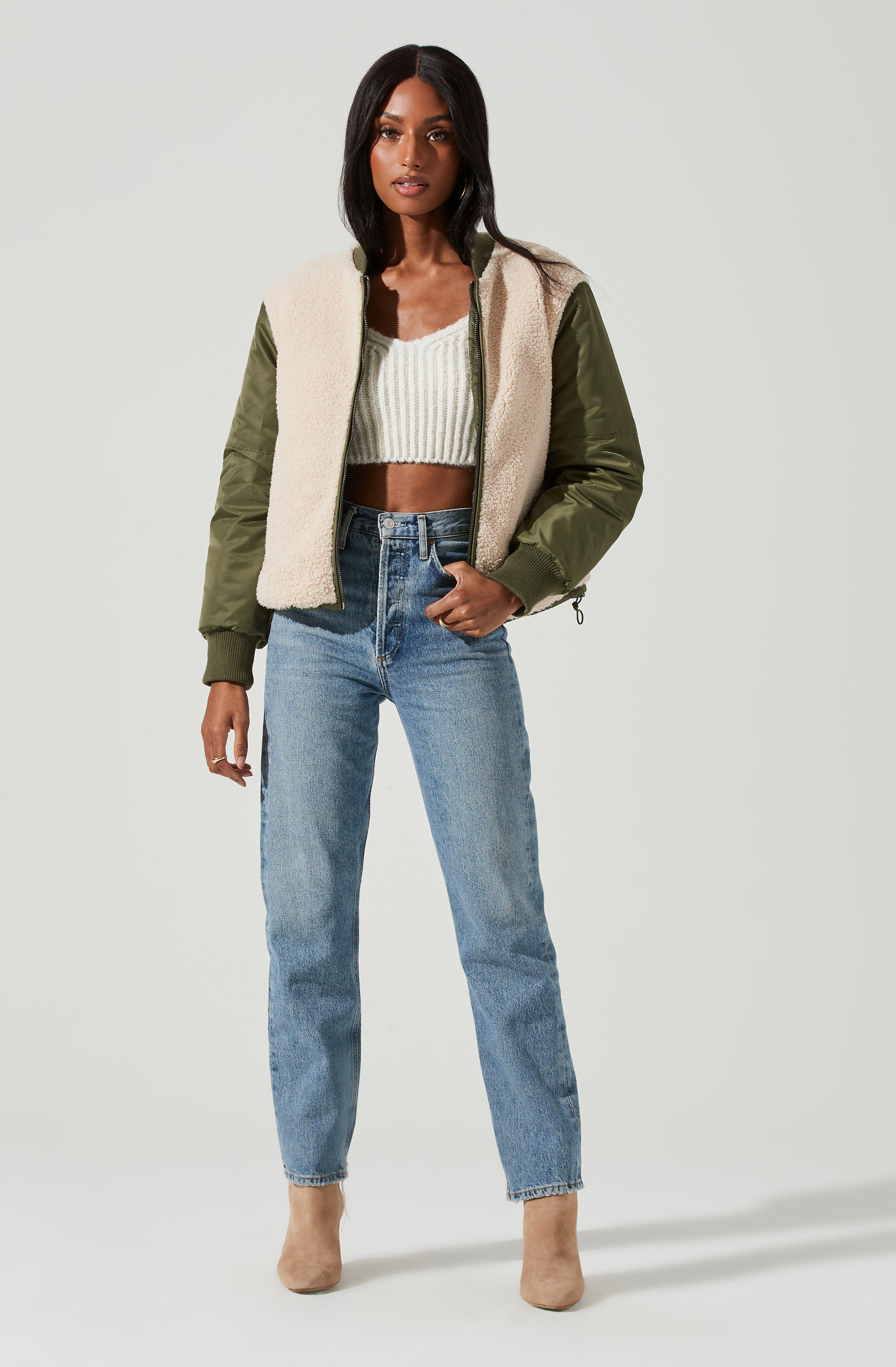 Tegan Faux Shearling Contrast Puffer Jacket-Aljck