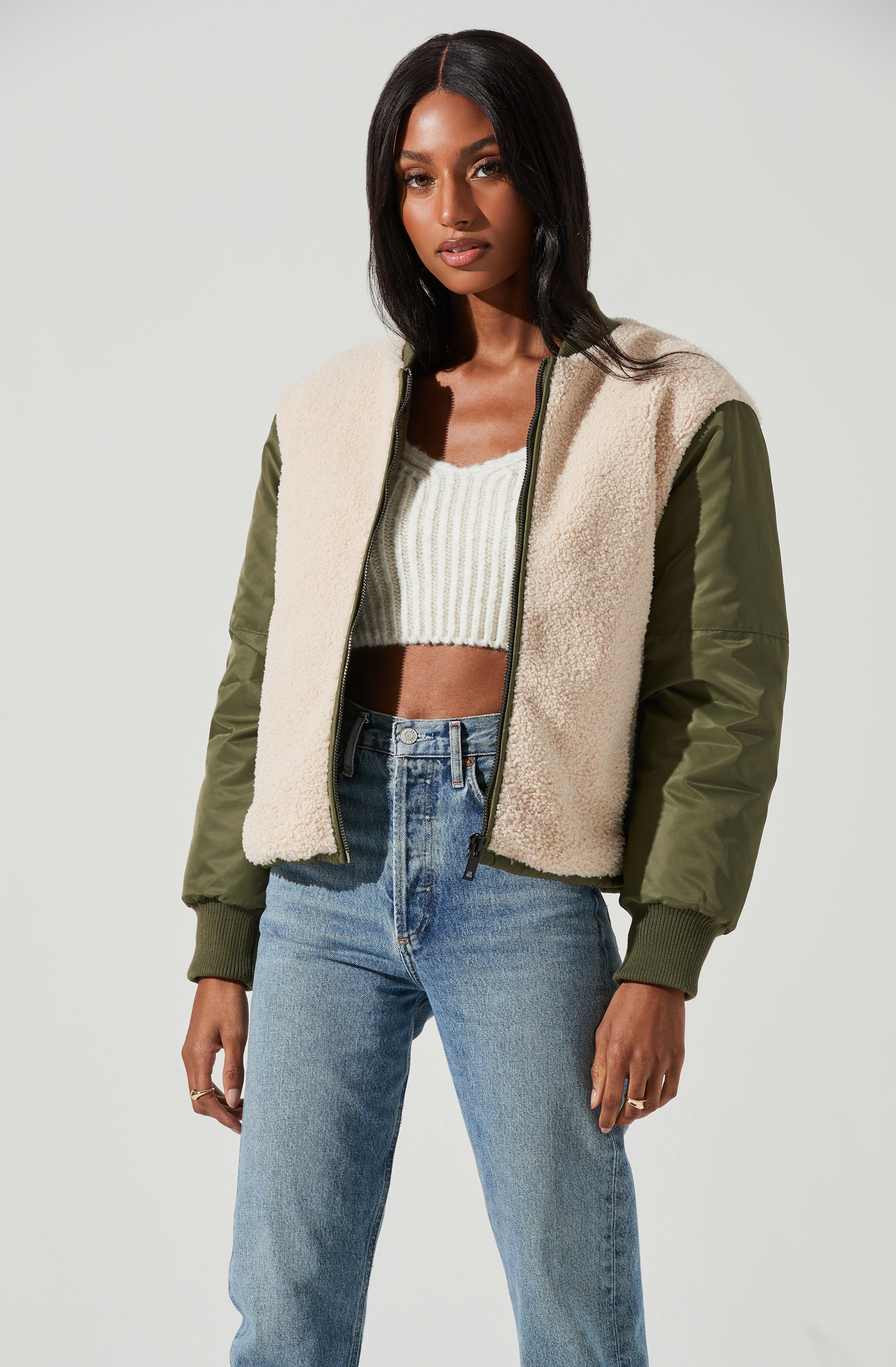 Tegan Faux Shearling Contrast Puffer Jacket-Aljck