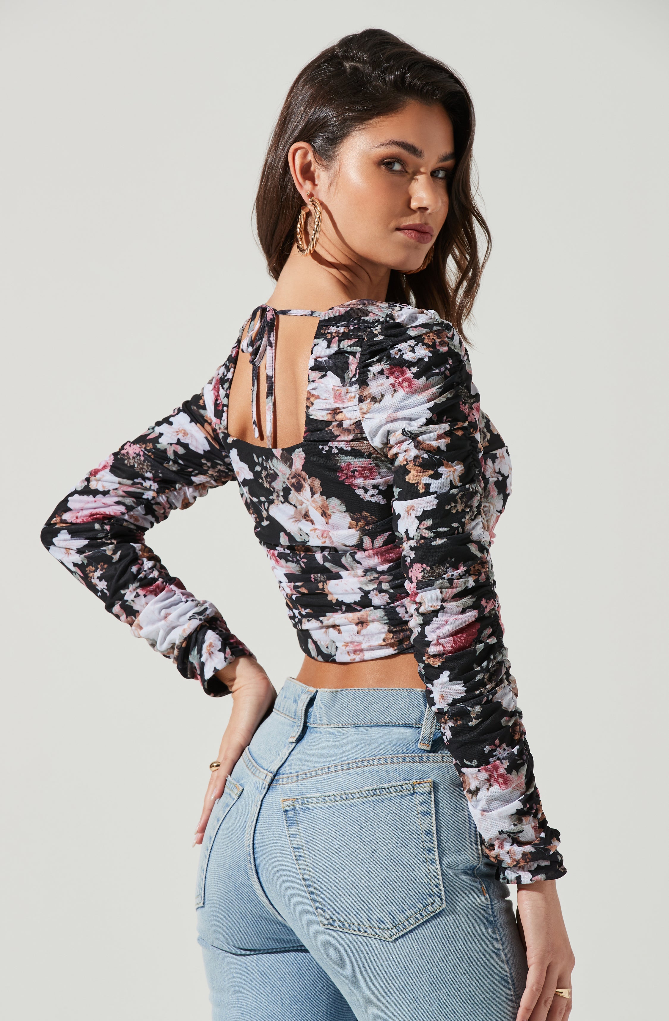 Erica Floral Ruched Long Sleeve Top-Aljck