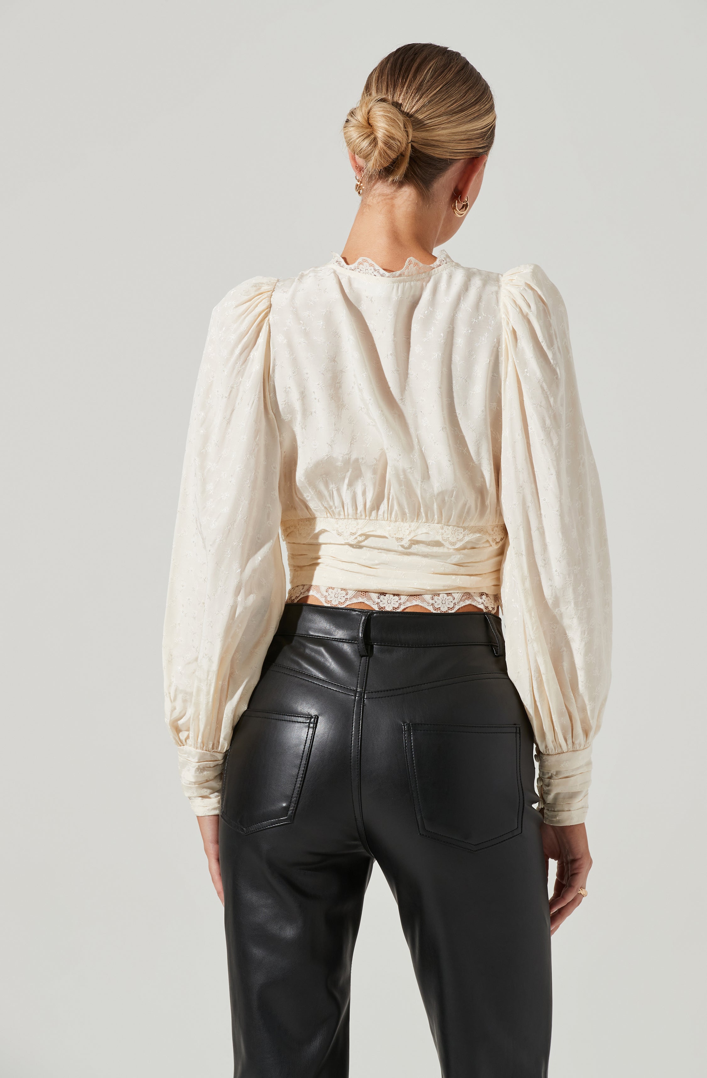 Zanna Floral Jacquard Lace Trim Long Sleeve Top-Aljck