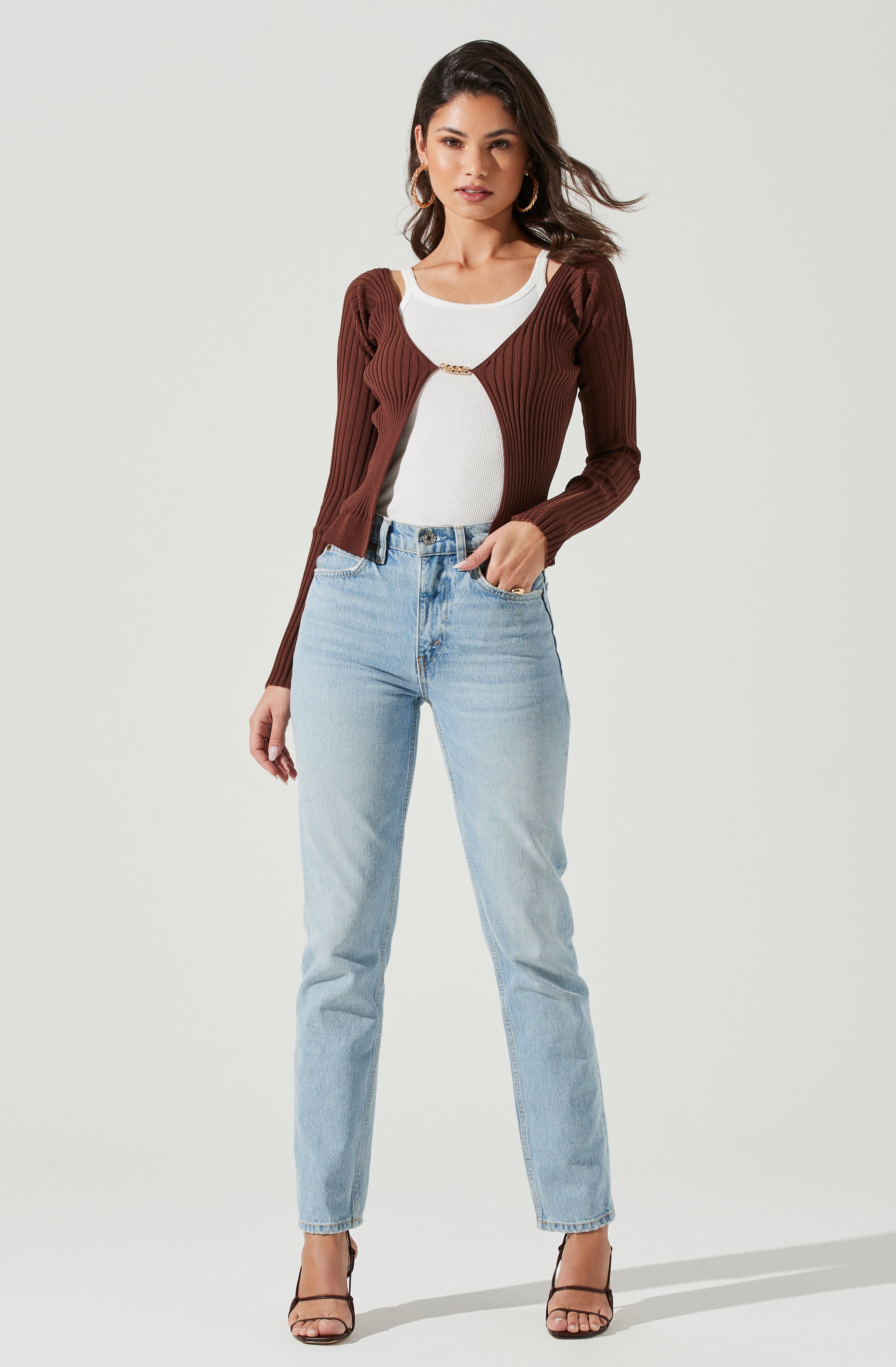 Angelique Ribbed Knit Chain Detail Cardigan-Aljck