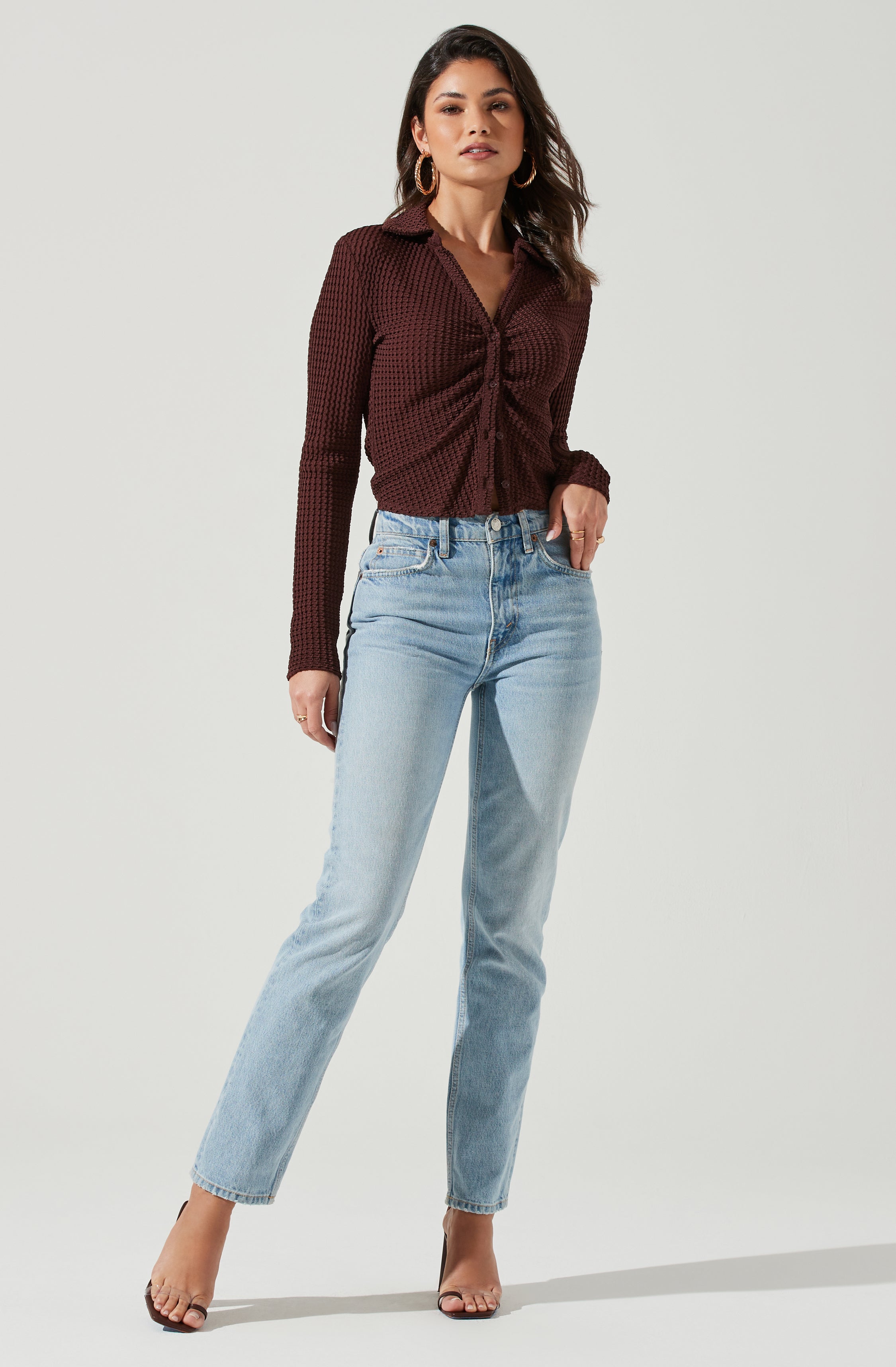 Lamora Waffle Knit Ruched Button Down Top-Aljck