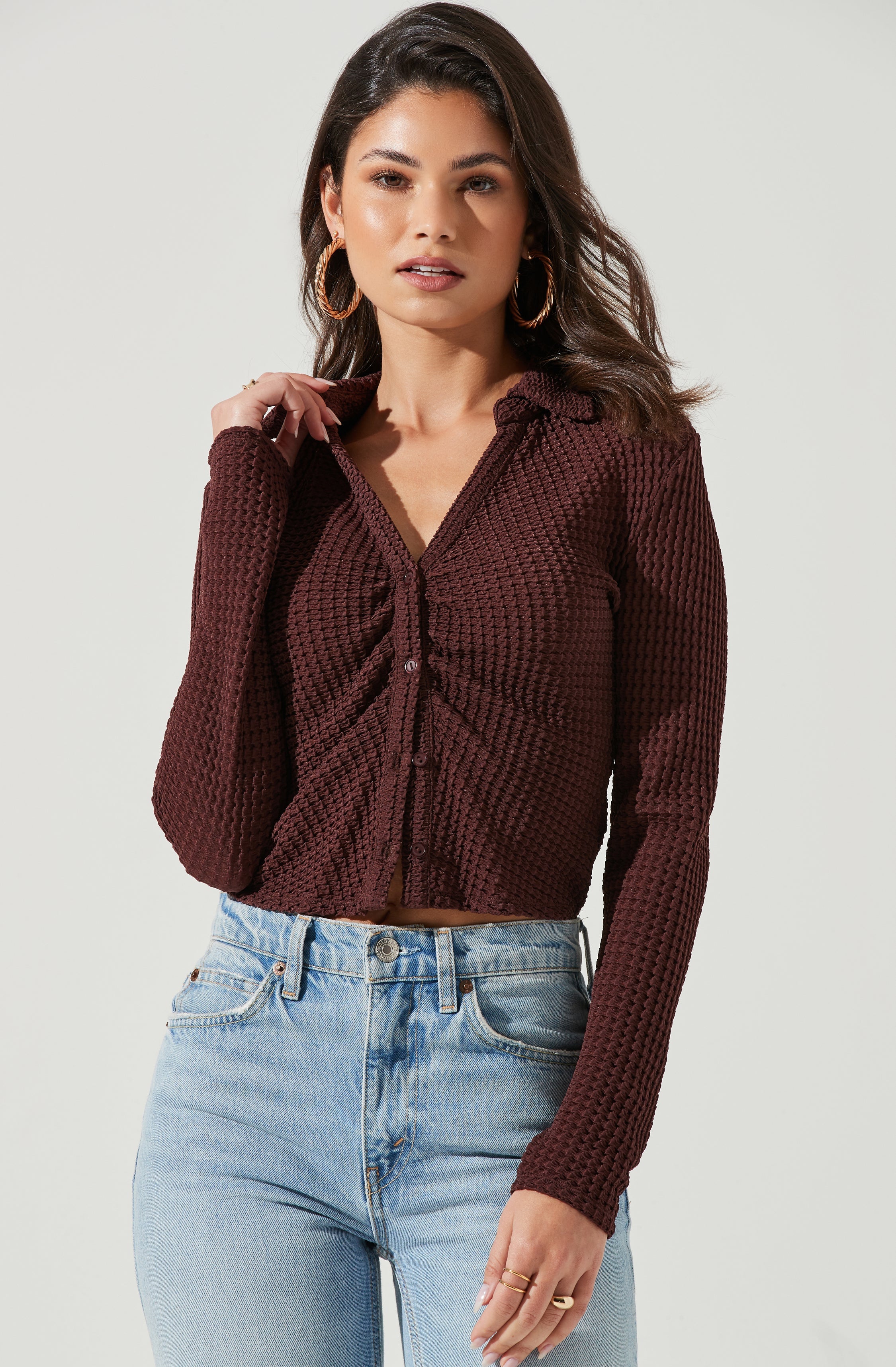 Lamora Waffle Knit Ruched Button Down Top-Aljck